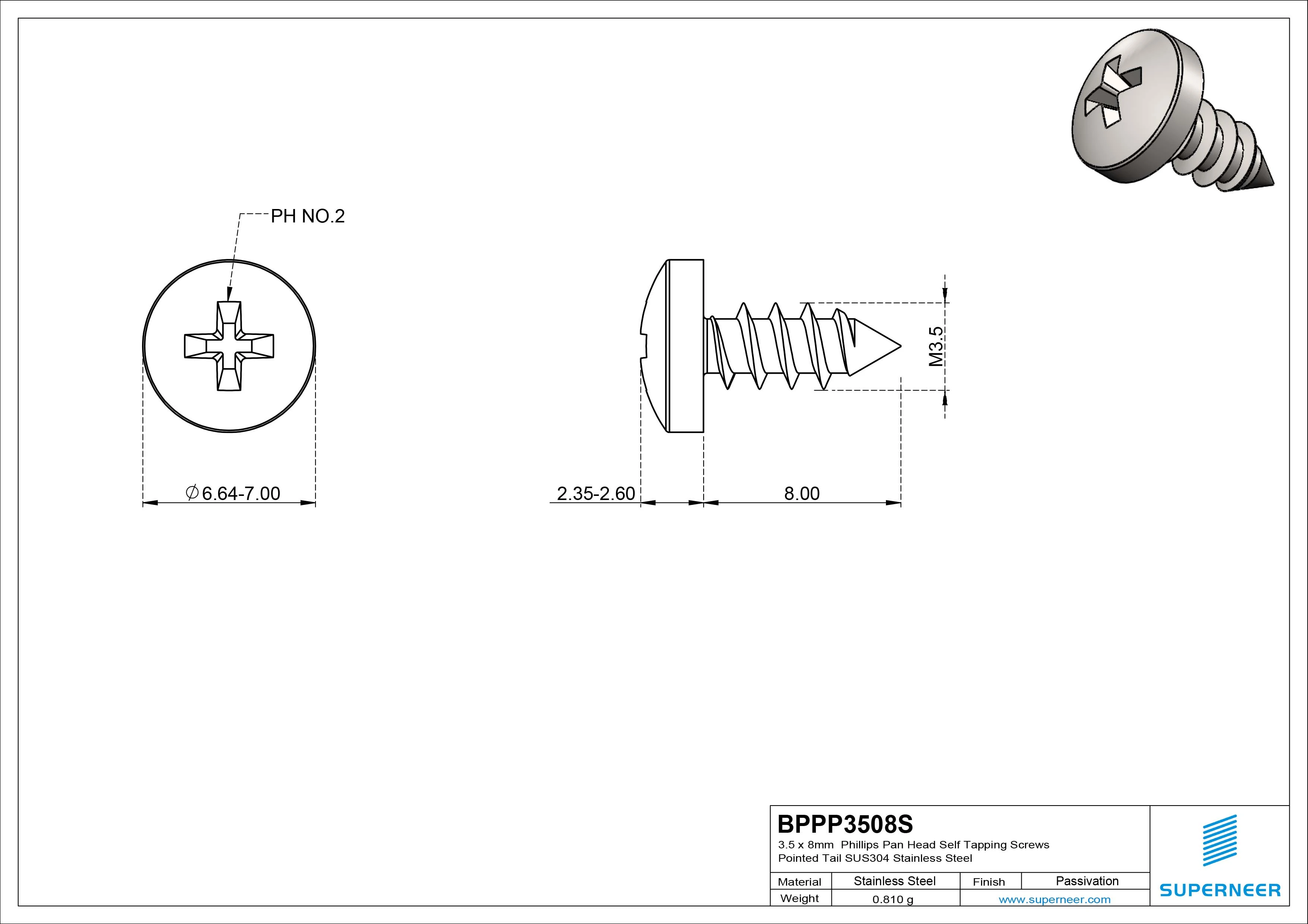 3.5 x 8mm Phillips Pan Head Self Tapping Screws Pointed Tail SUS304 Stainless Steel