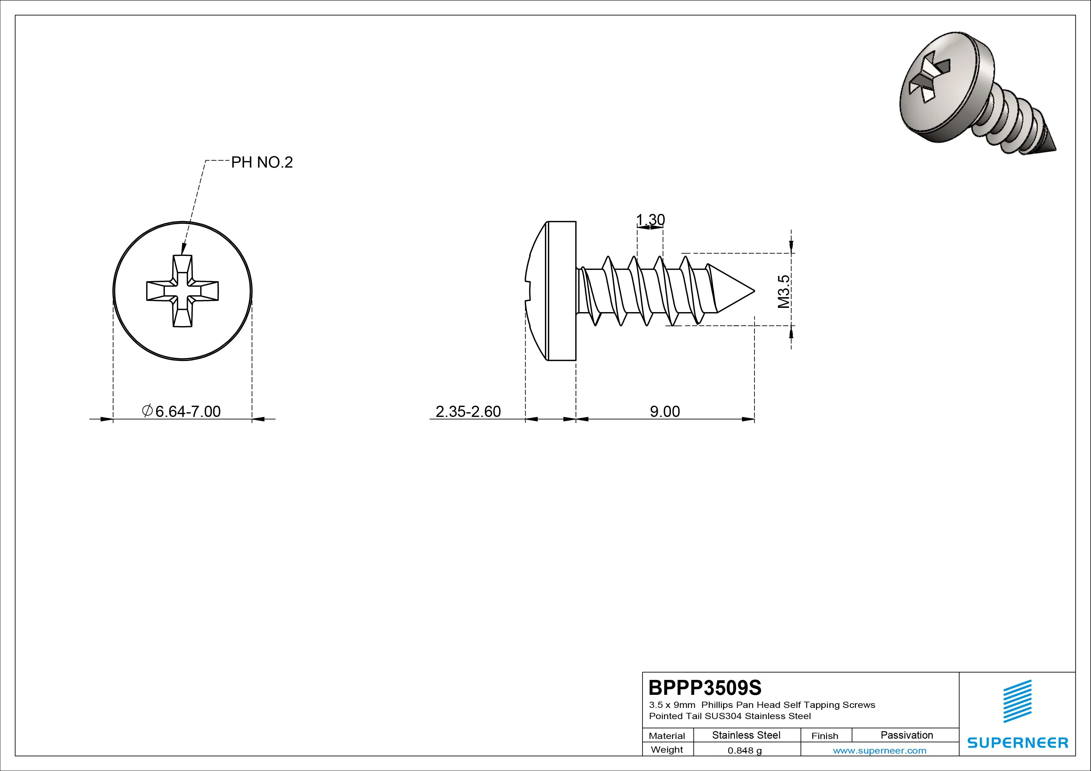 3.5 x 9mm Phillips Pan Head Self Tapping Screws Pointed Tail SUS304 Stainless Steel