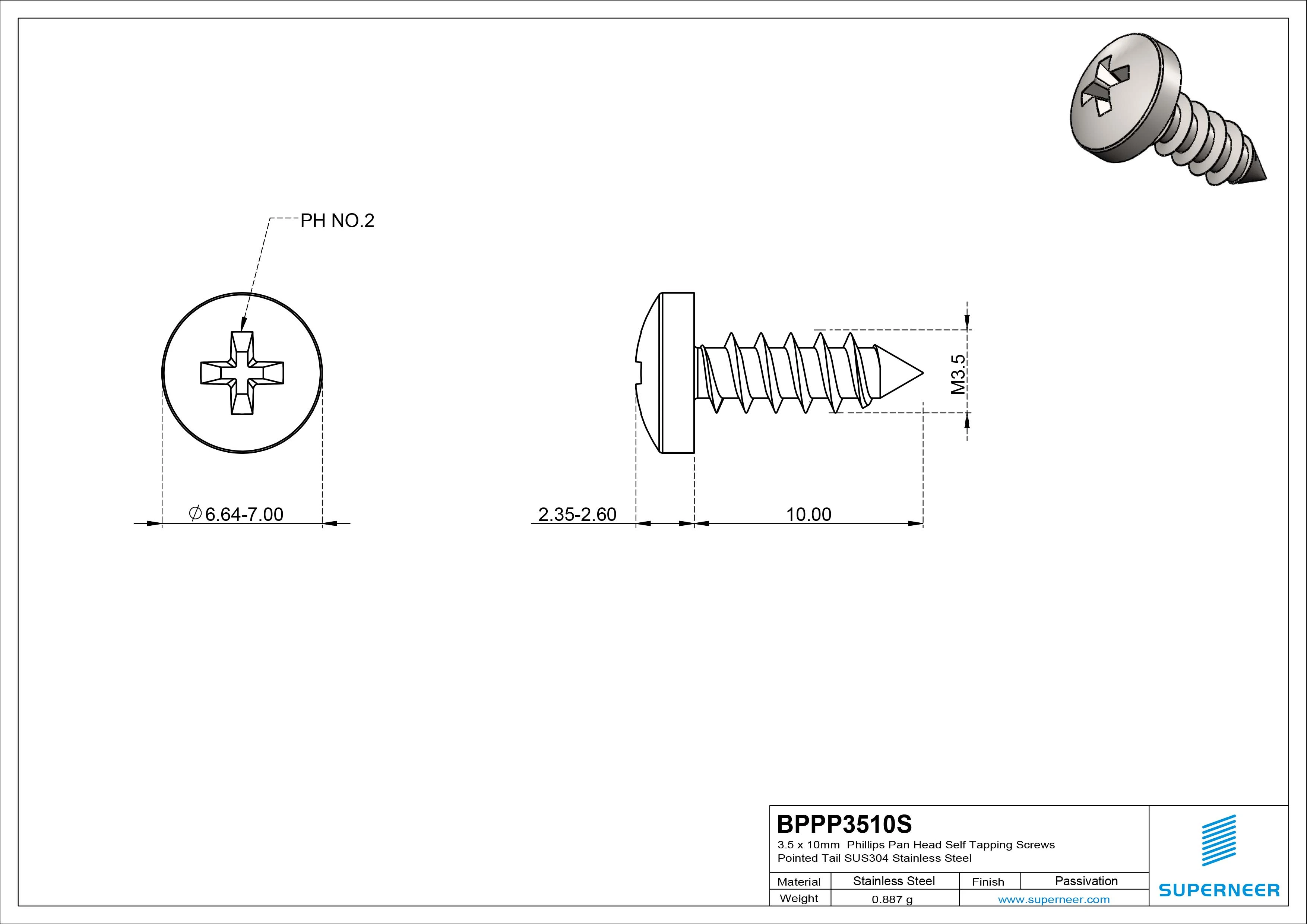 3.5 x 10mm Phillips Pan Head Self Tapping Screws Pointed Tail SUS304 Stainless Steel