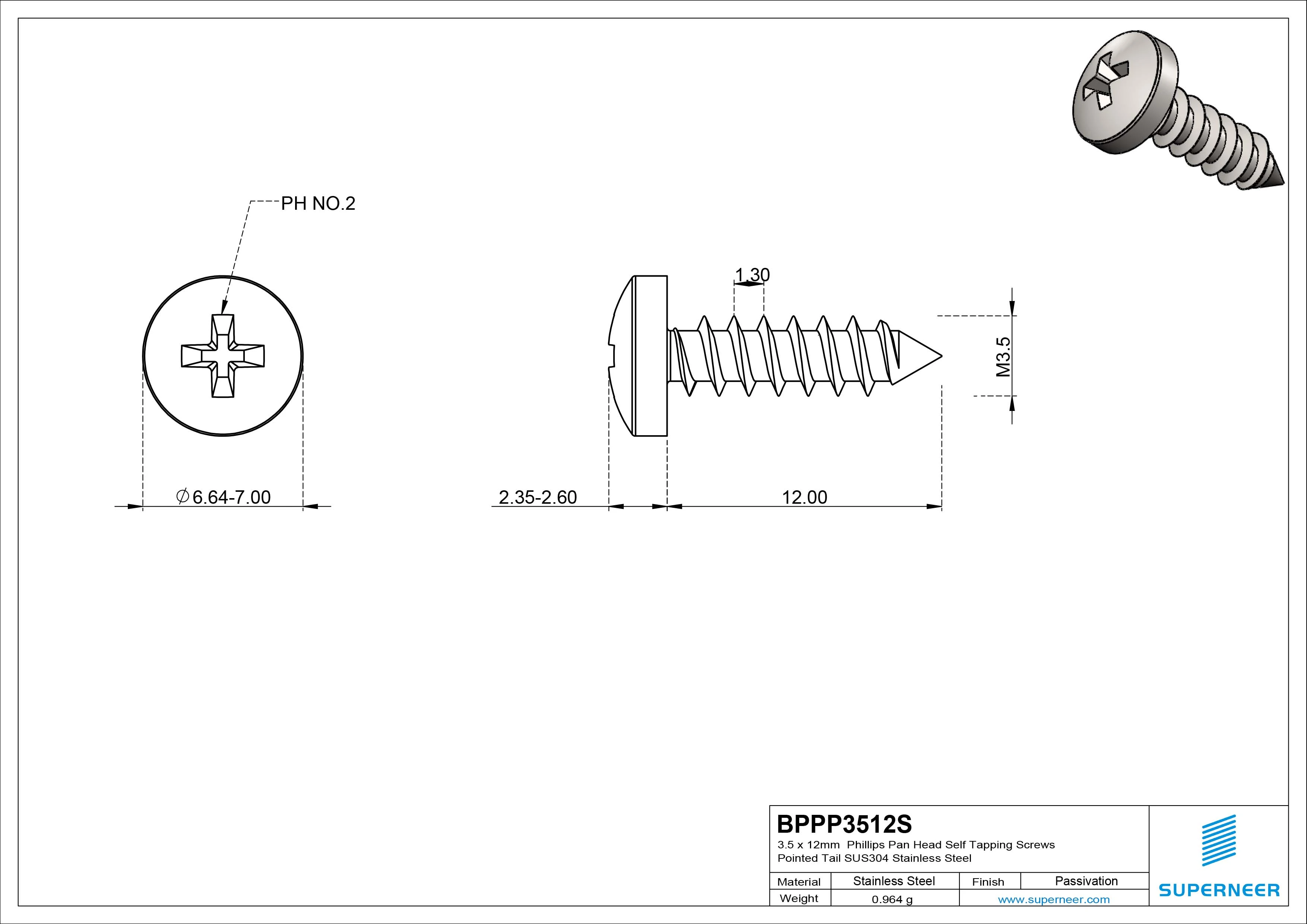 3.5 x 12mm Phillips Pan Head Self Tapping Screws Pointed Tail SUS304 Stainless Steel