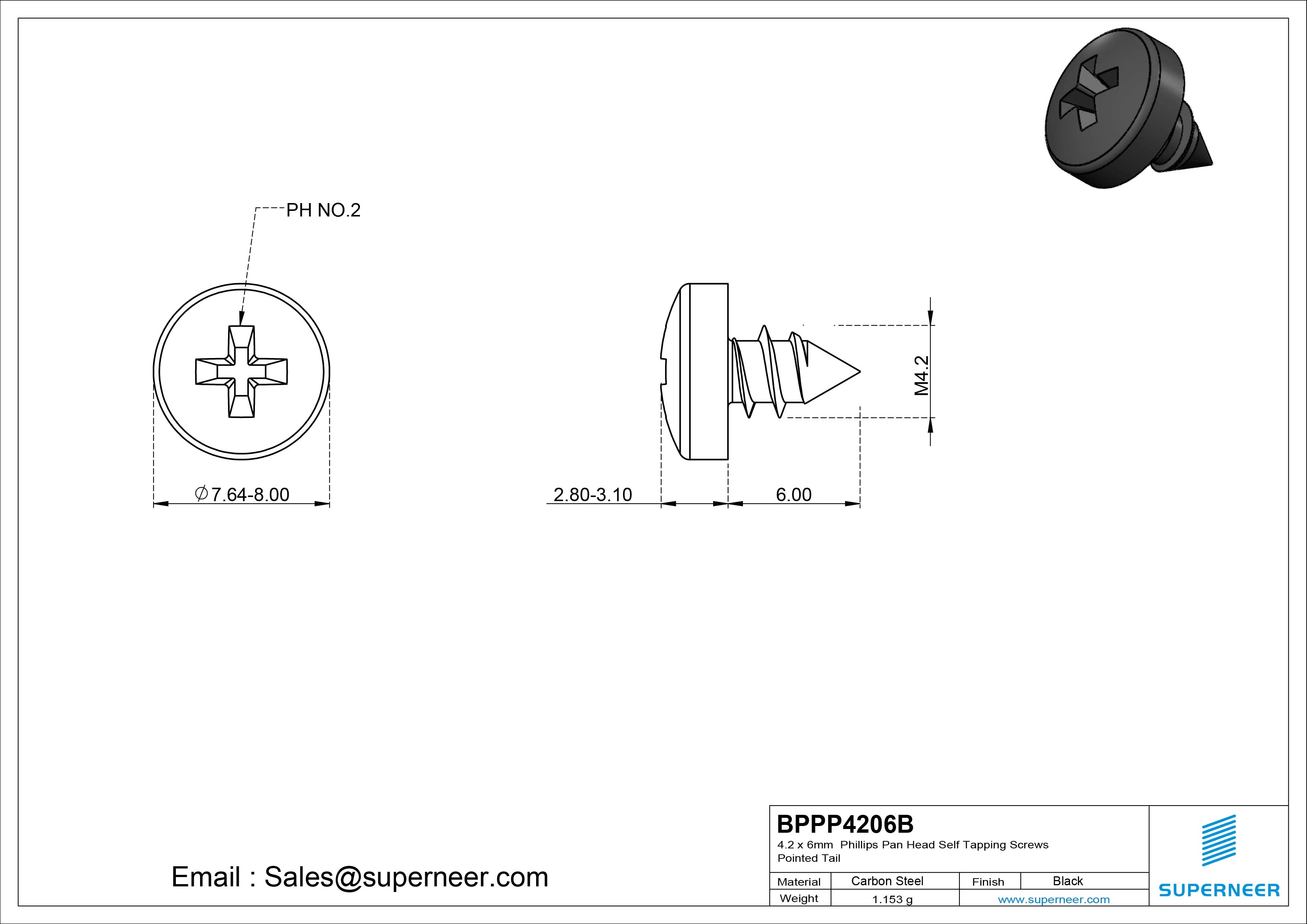 4.2 x 6mm Phillips Pan Head Self Tapping Screws Pointed Tail Steel Black Zinc Plated