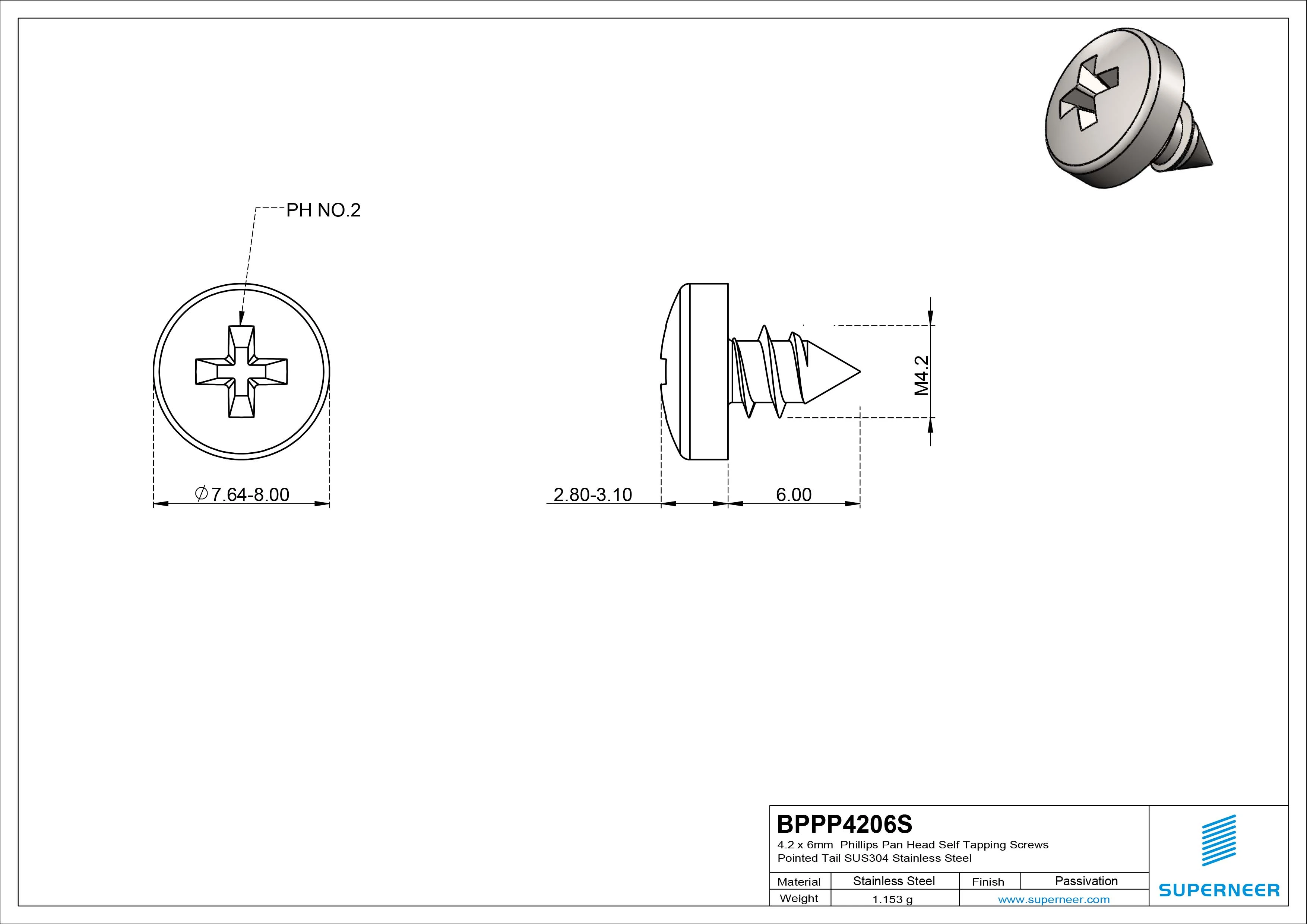 4.2 x 6mm Phillips Pan Head Self Tapping Screws Pointed Tail SUS304 Stainless Steel