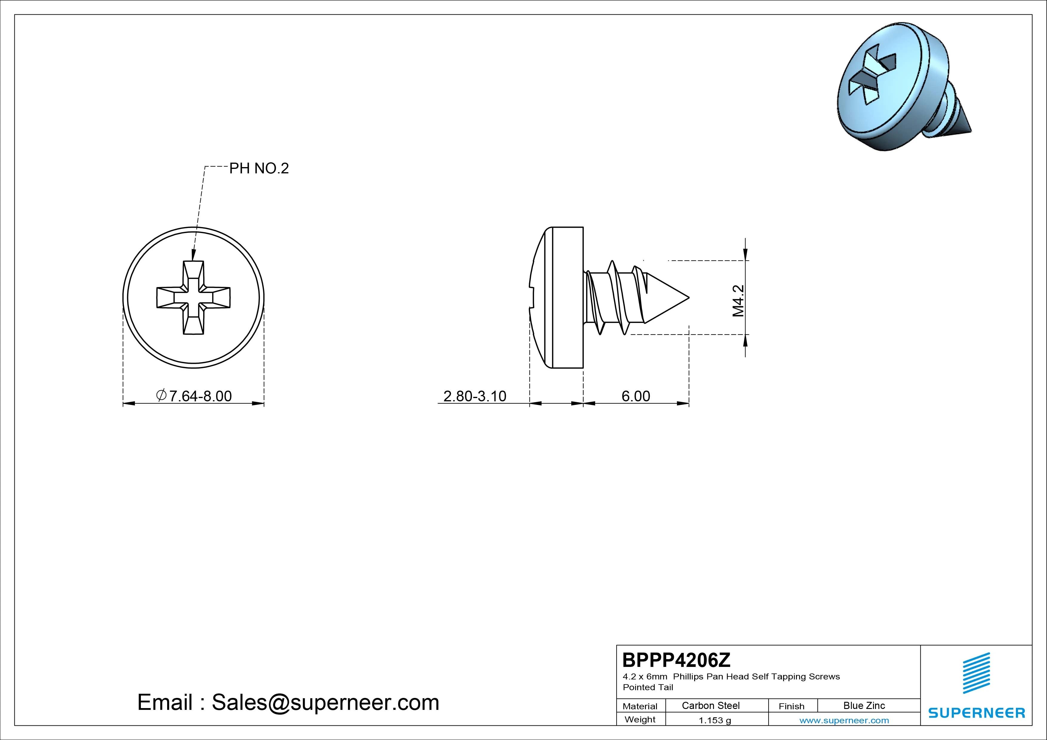 4.2 x 6mm Phillips Pan Head Self Tapping Screws Pointed Tail Steel Blue Zinc Plated