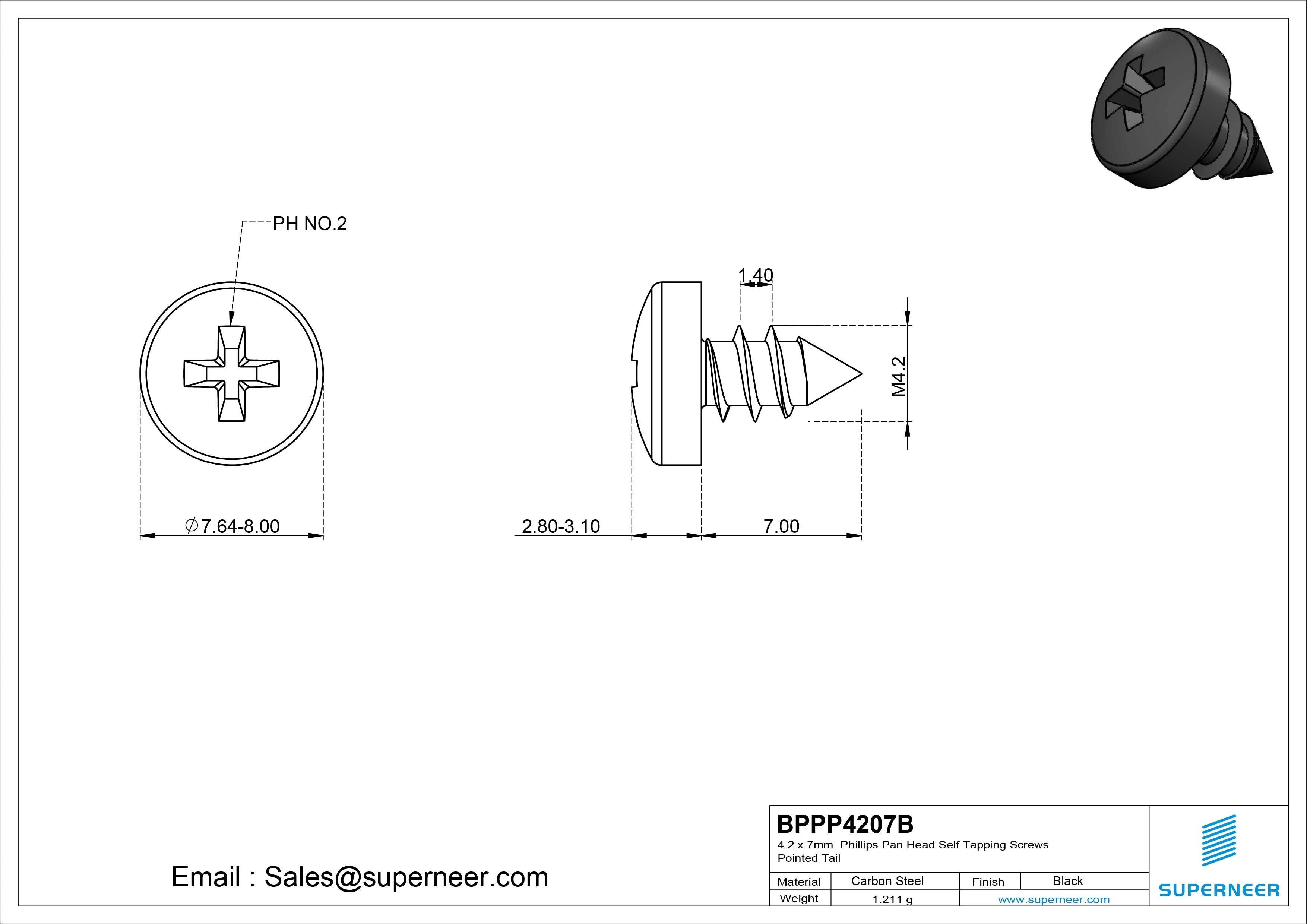 4.2 x 7mm Phillips Pan Head Self Tapping Screws Pointed Tail Steel Black Zinc Plated