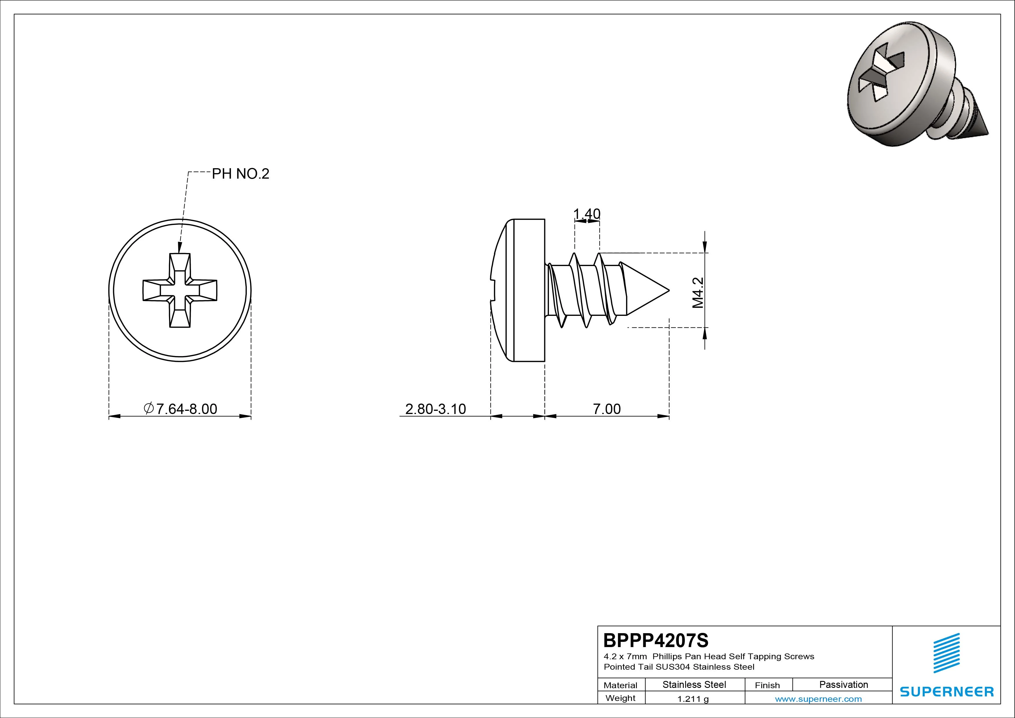 4.2 x 7mm Phillips Pan Head Self Tapping Screws Pointed Tail SUS304 Stainless Steel
