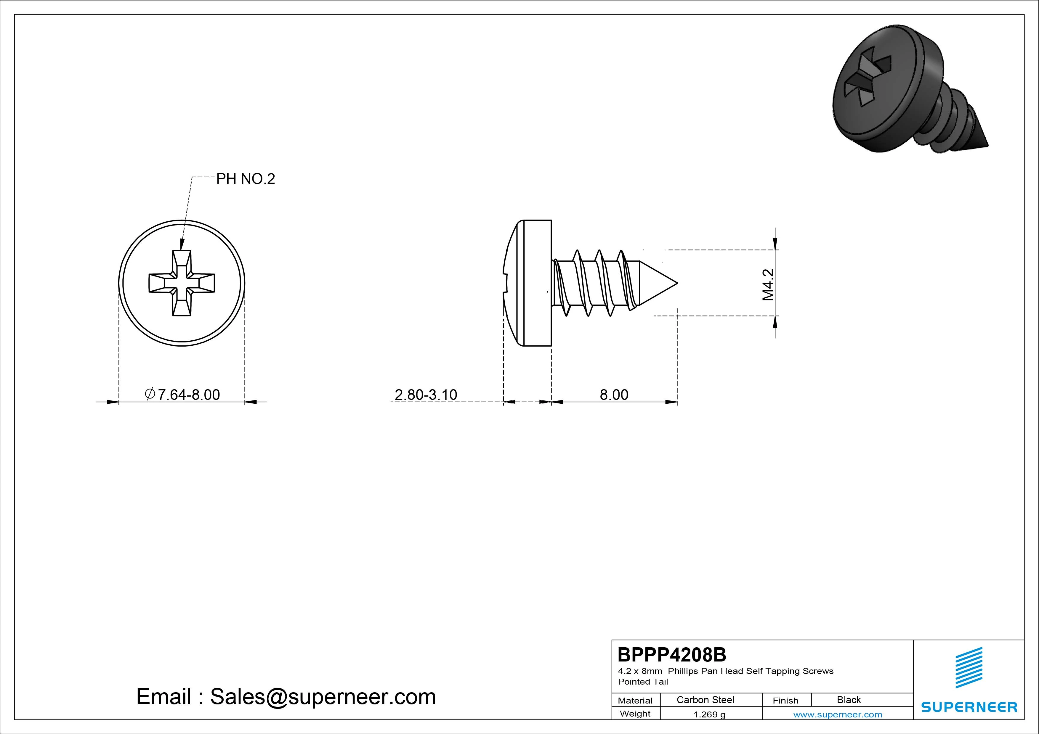 4.2 x 8mm Phillips Pan Head Self Tapping Screws Pointed Tail Steel Black Zinc Plated