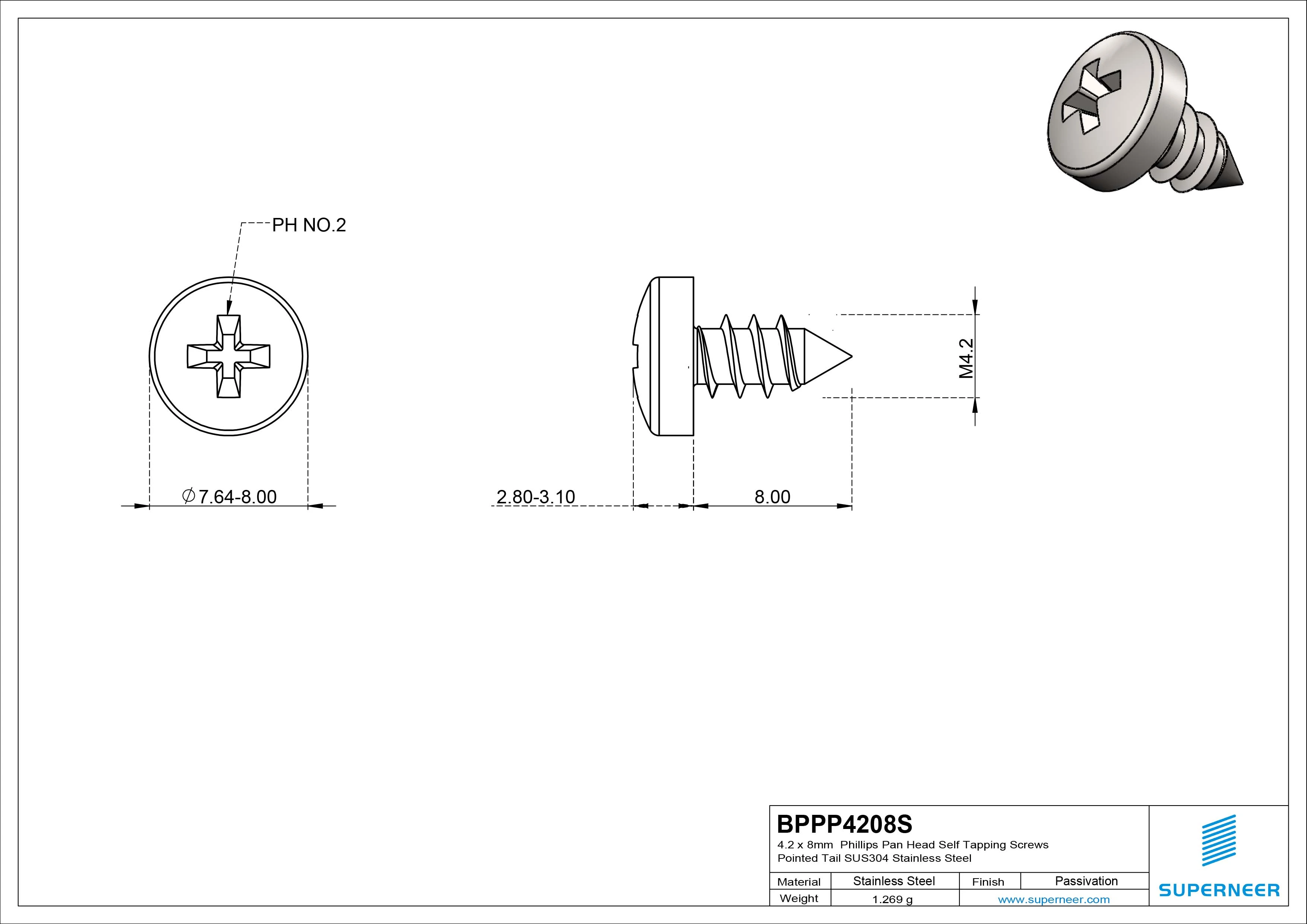 4.2 x 8mm Phillips Pan Head Self Tapping Screws Pointed Tail SUS304 Stainless Steel