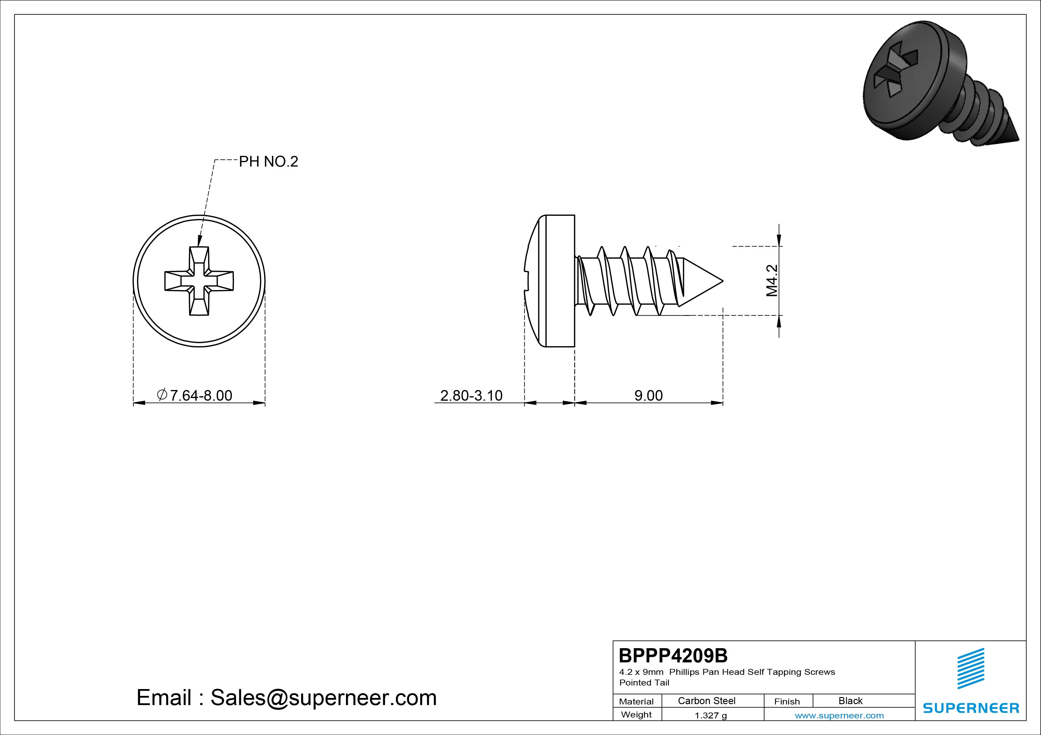 4.2 x 9mm Phillips Pan Head Self Tapping Screws Pointed Tail Steel Black Zinc Plated