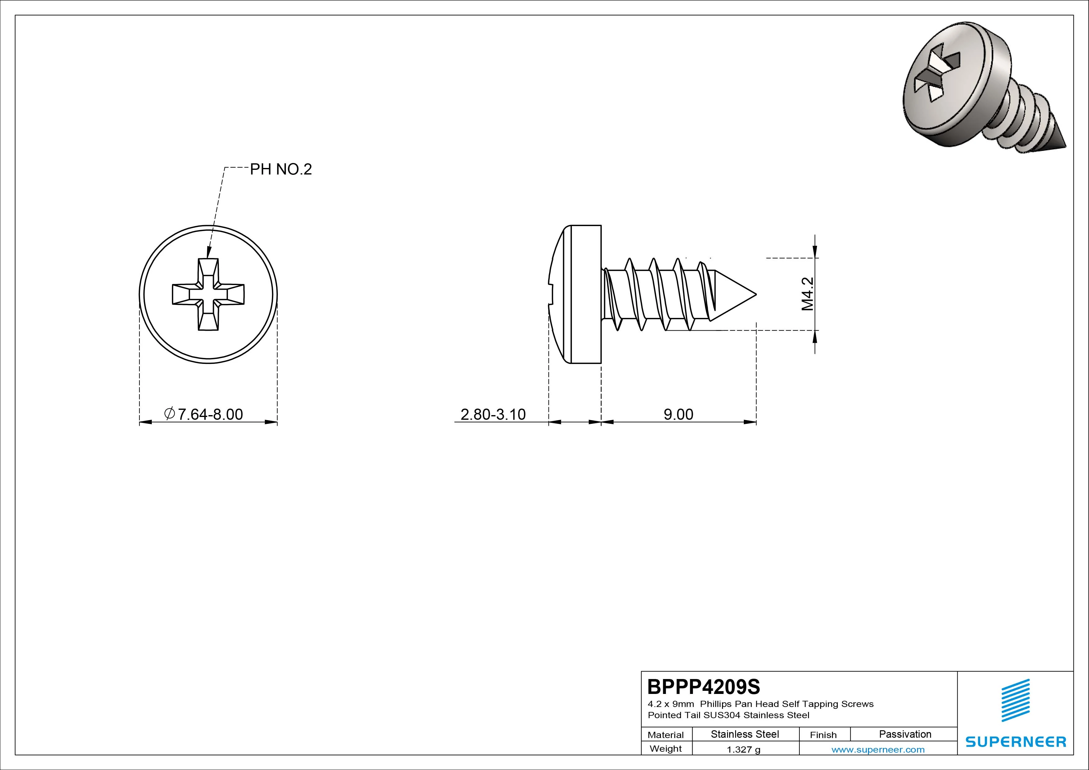 4.2 x 9mm Phillips Pan Head Self Tapping Screws Pointed Tail SUS304 Stainless Steel