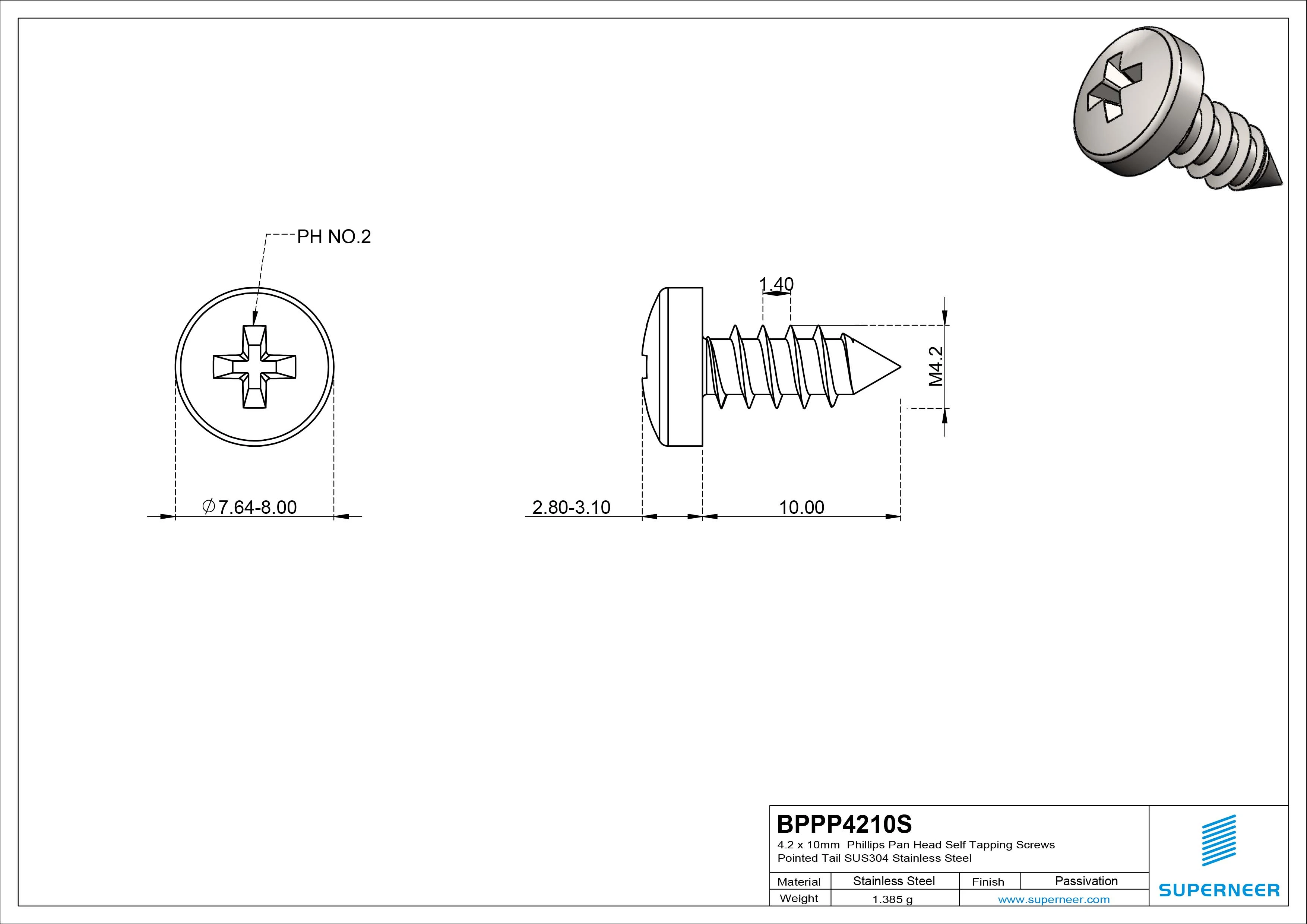 4.2 x 10mm Phillips Pan Head Self Tapping Screws Pointed Tail SUS304 Stainless Steel