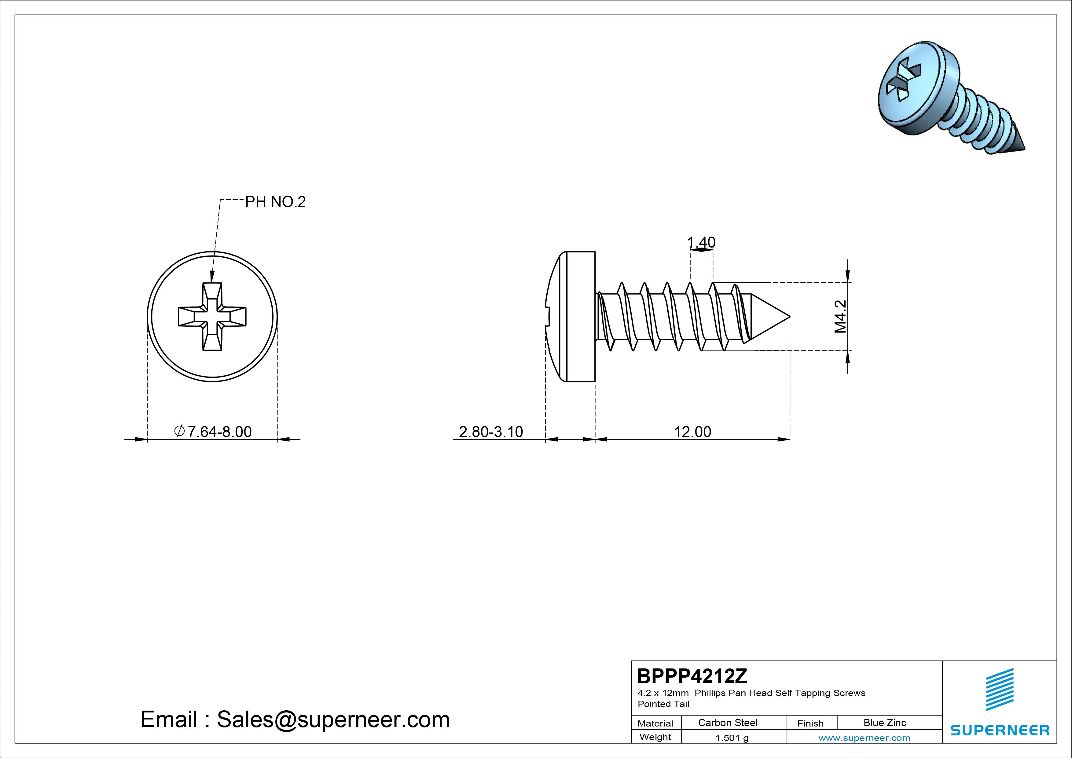 4.2 x 12mm Phillips Pan Head Self Tapping Screws Pointed Tail Steel Blue Zinc Plated