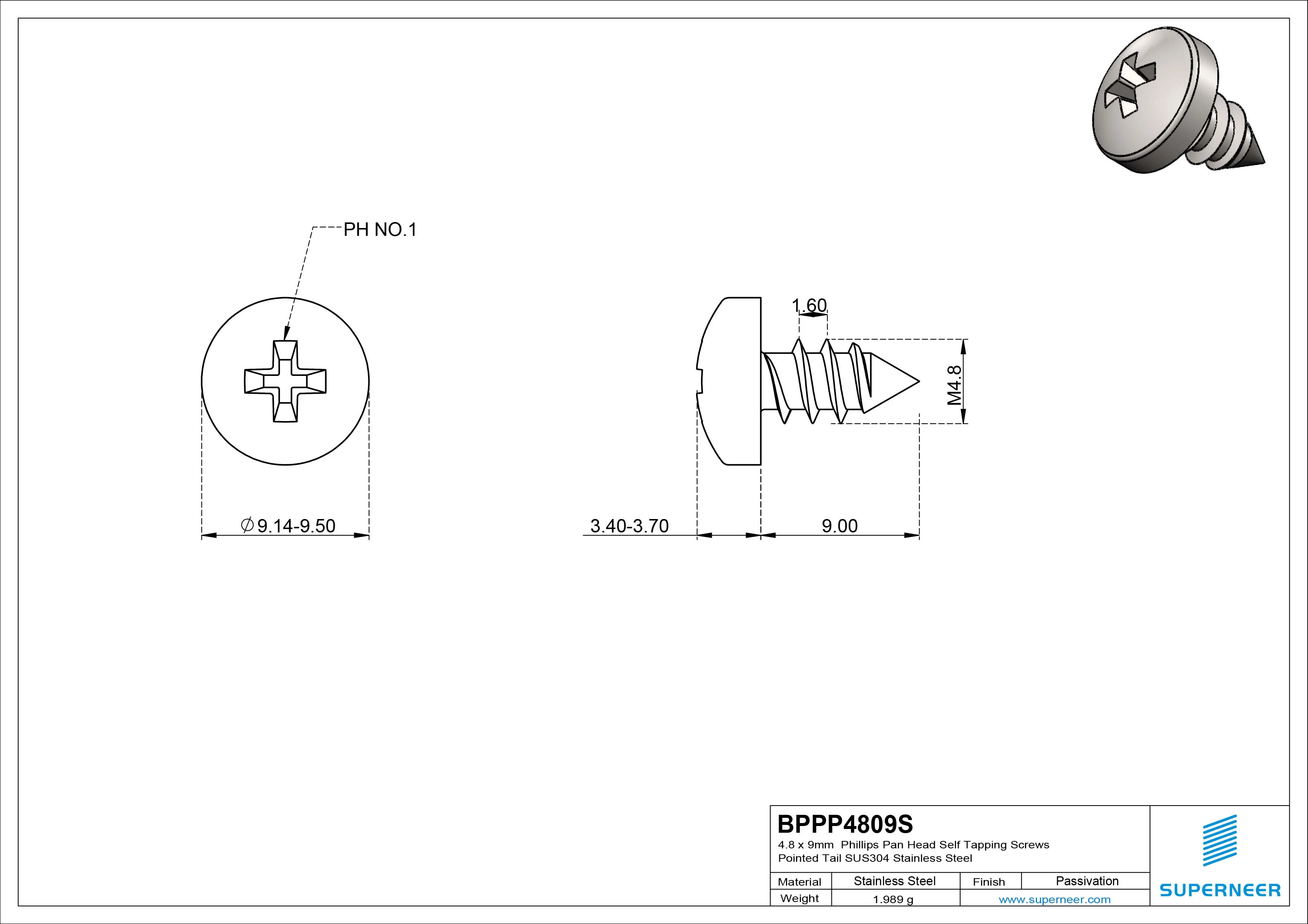 4.8 x 9mm Phillips Pan Head Self Tapping Screws Pointed Tail SUS304 Stainless Steel