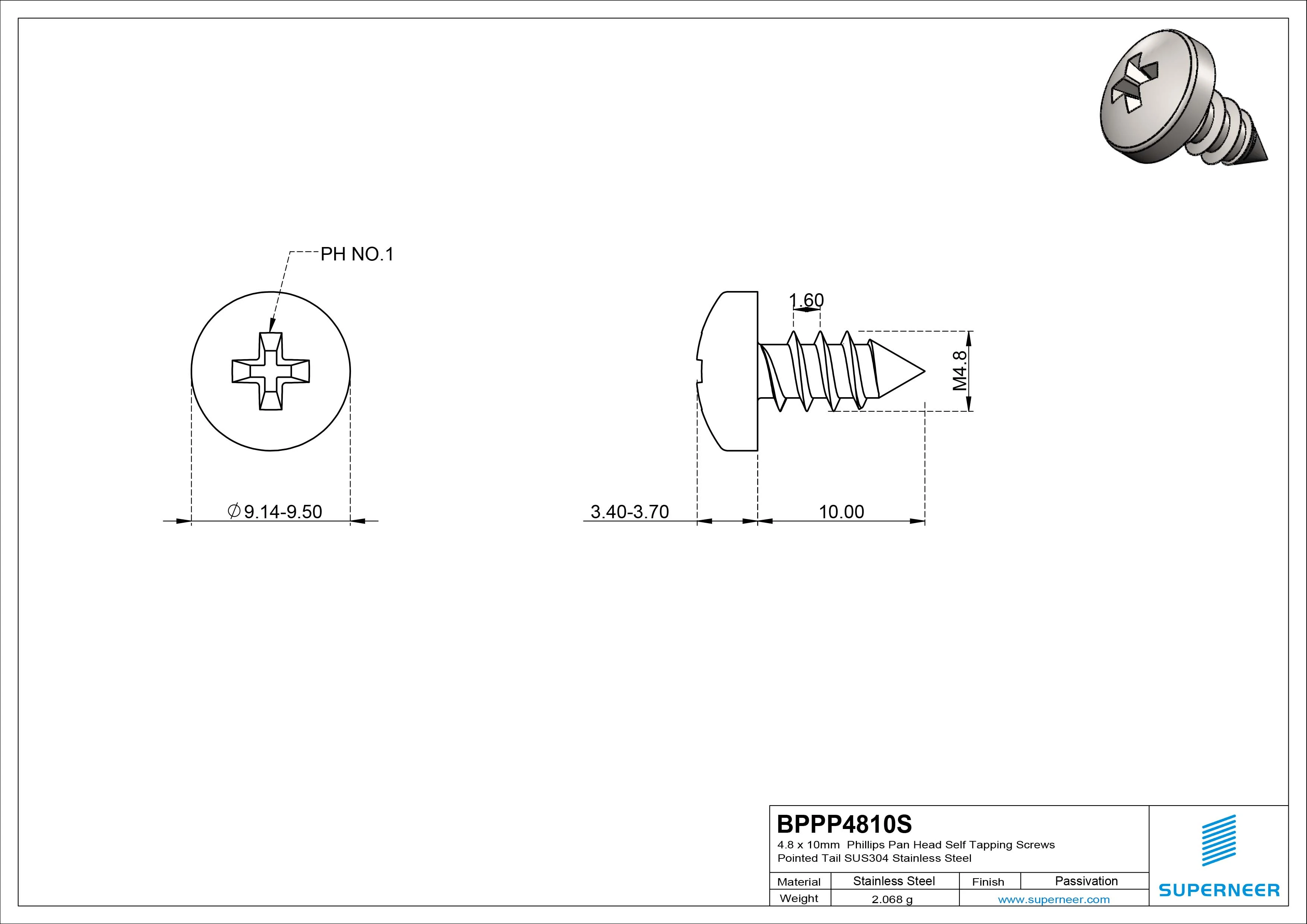 4.8 x 10mm Phillips Pan Head Self Tapping Screws Pointed Tail SUS304 Stainless Steel
