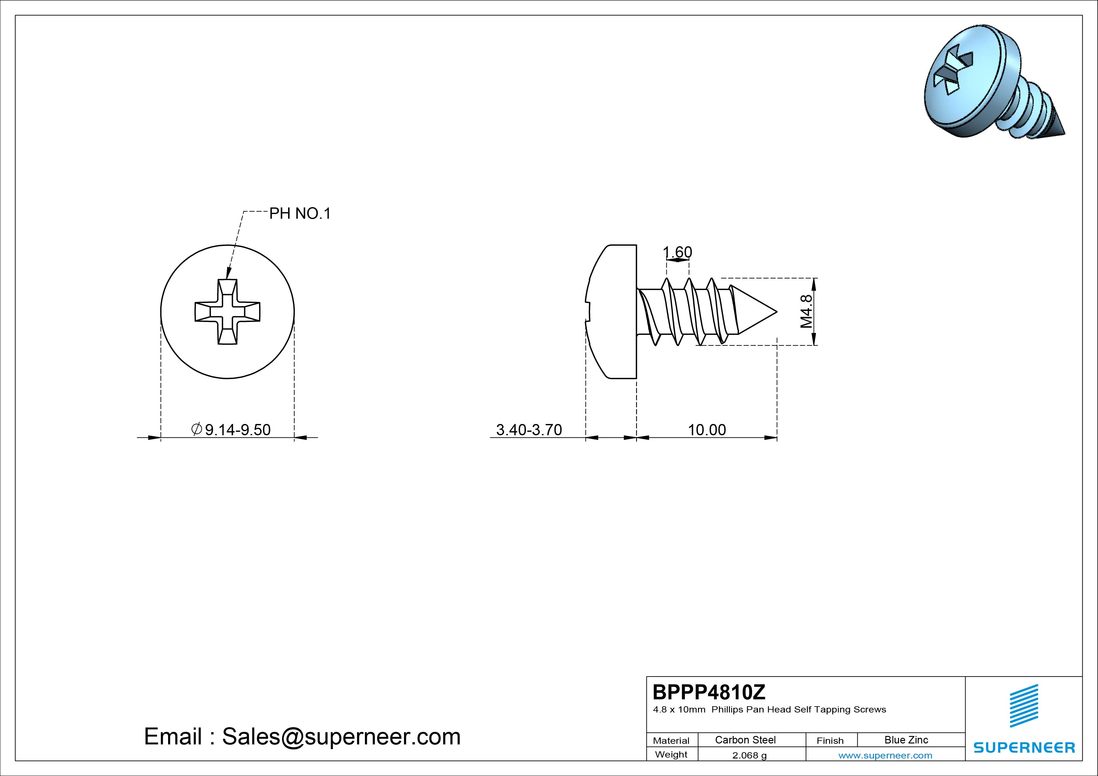4.8 x 10mm Phillips Pan Head Self Tapping Screws Pointed Tail Steel Blue Zinc Plated