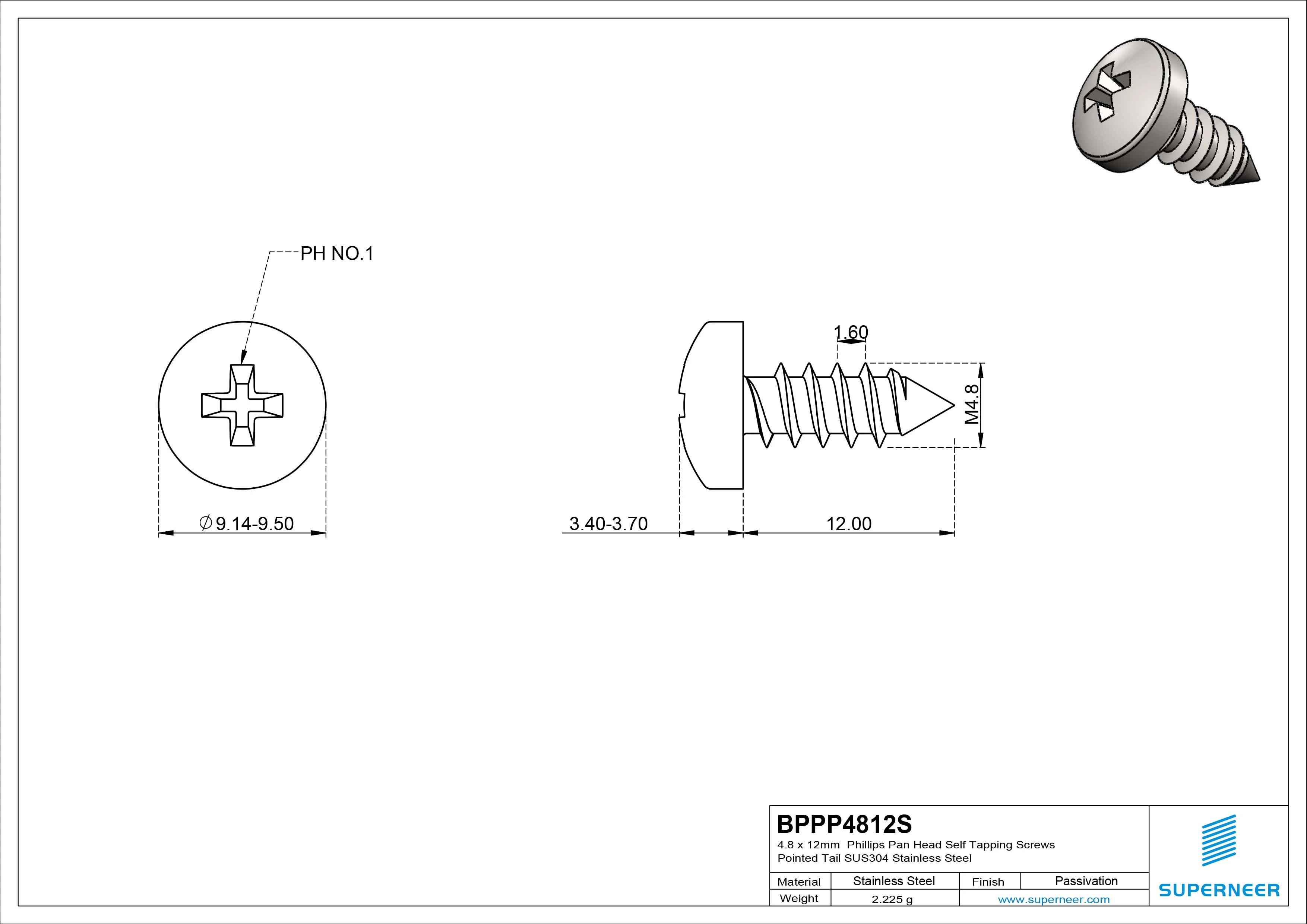 4.8 x 12mm Phillips Pan Head Self Tapping Screws Pointed Tail SUS304 Stainless Steel