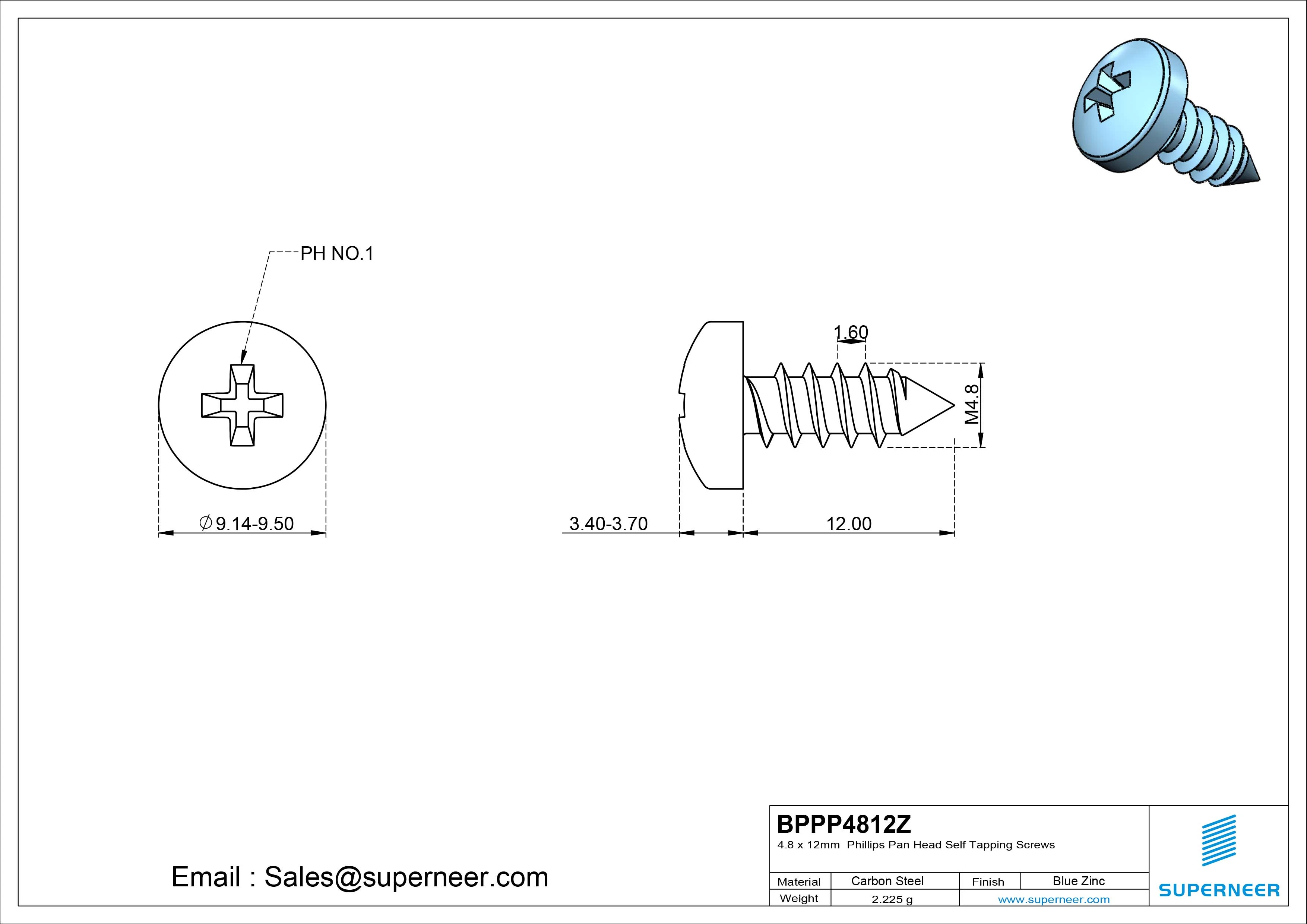 4.8 x 12mm Phillips Pan Head Self Tapping Screws Pointed Tail Steel Blue Zinc Plated