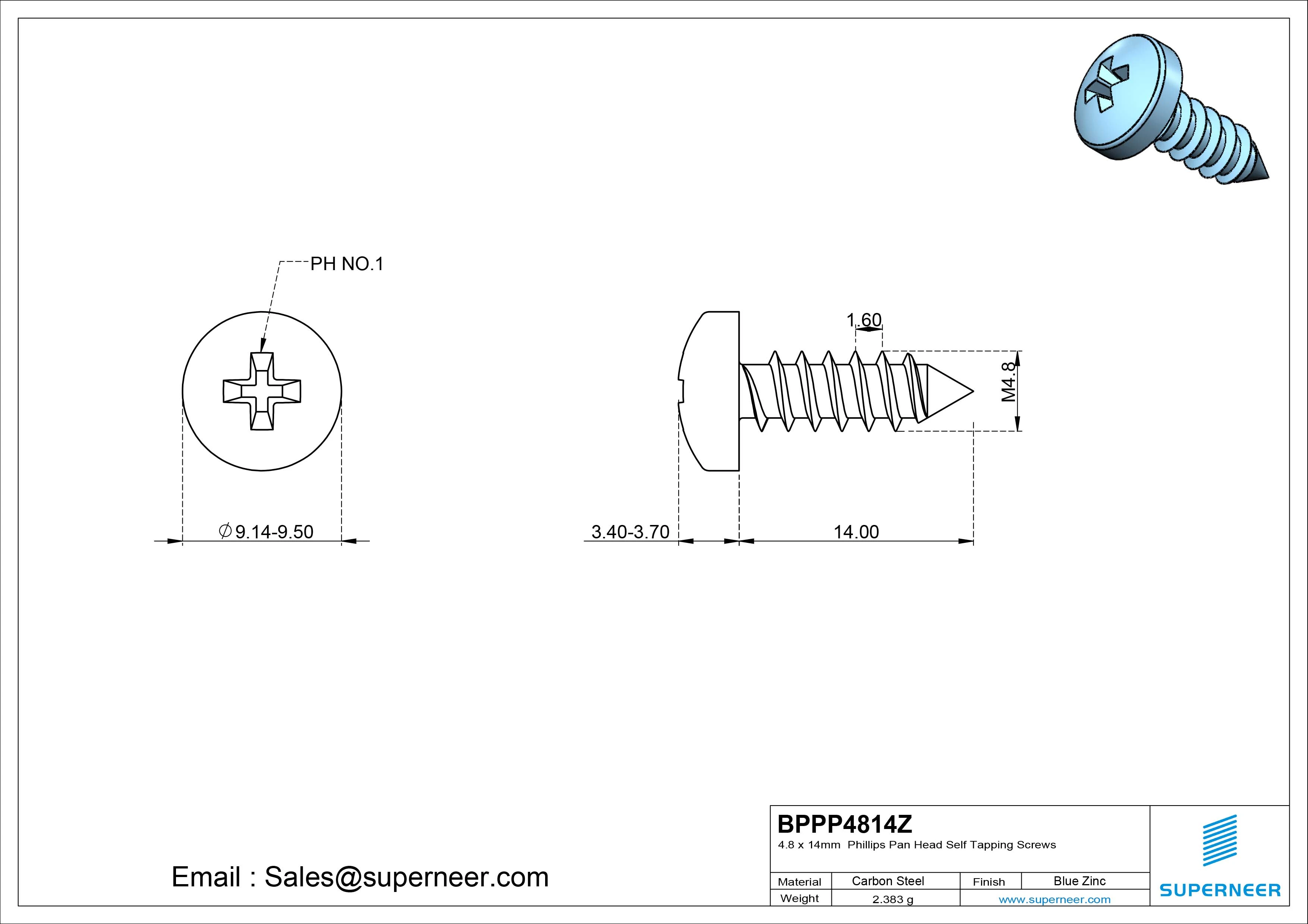 4.8 x 12mm Phillips Pan Head Self Tapping Screws Pointed Tail Steel Blue Zinc Plated