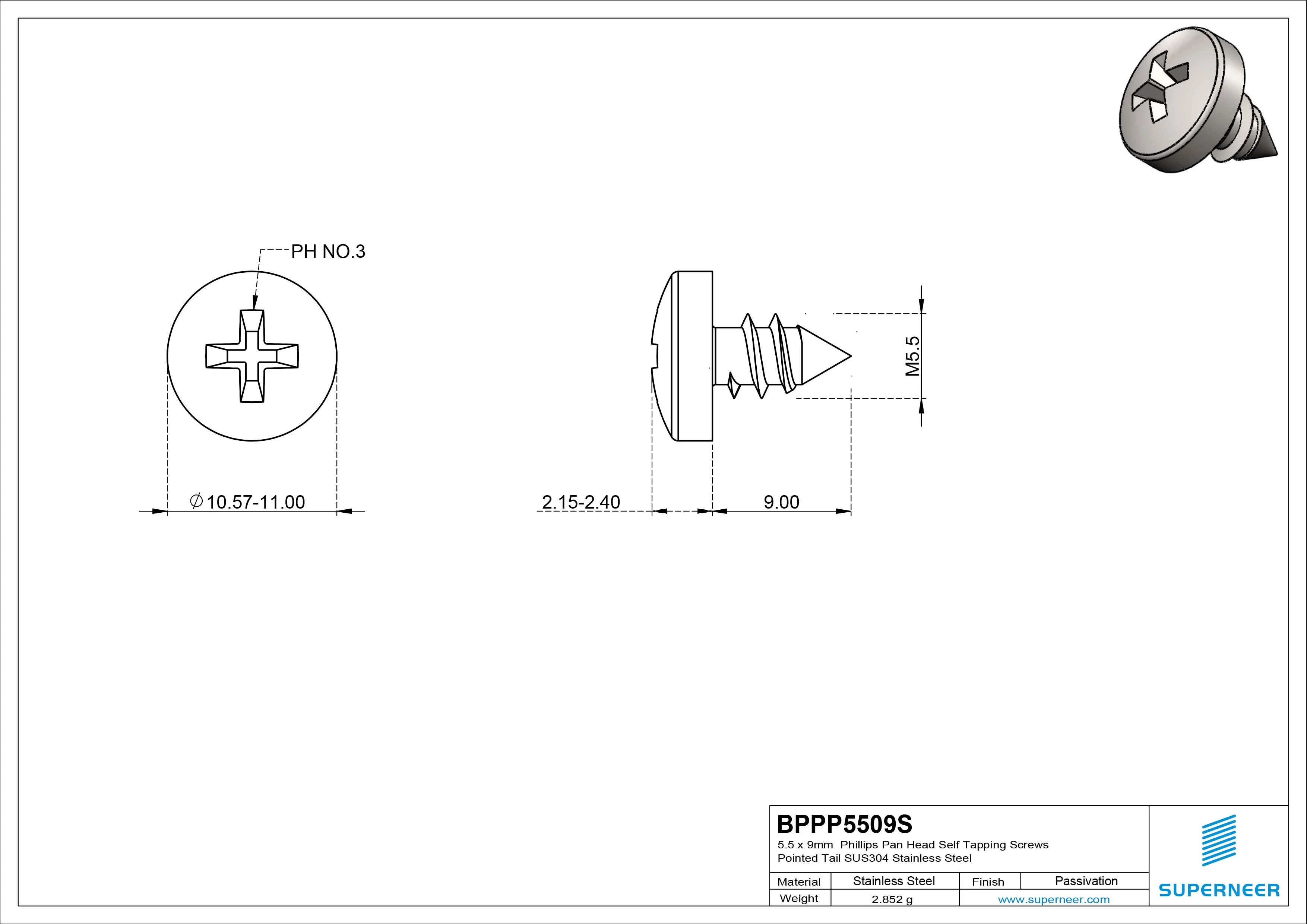 5.5 x 9mm Phillips Pan Head Self Tapping Screws Pointed Tail SUS304 Stainless Steel