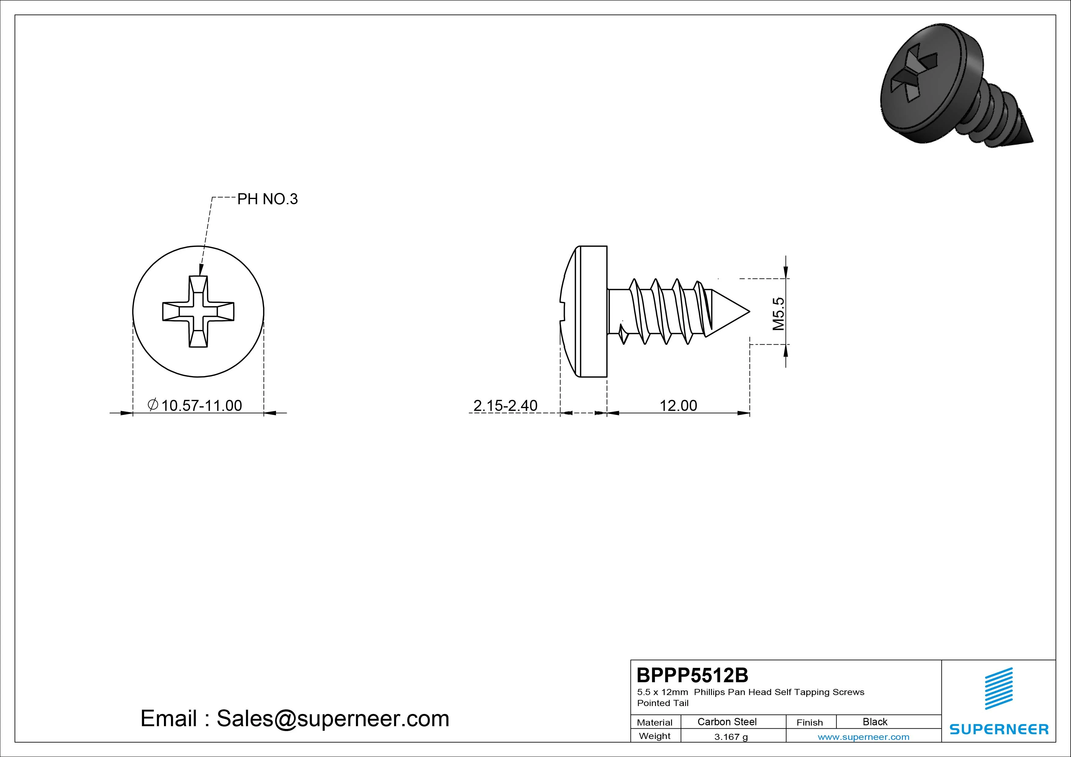 5.5 x 12mm Phillips Pan Head Self Tapping Screws Pointed Tail Steel Black Zinc Plated