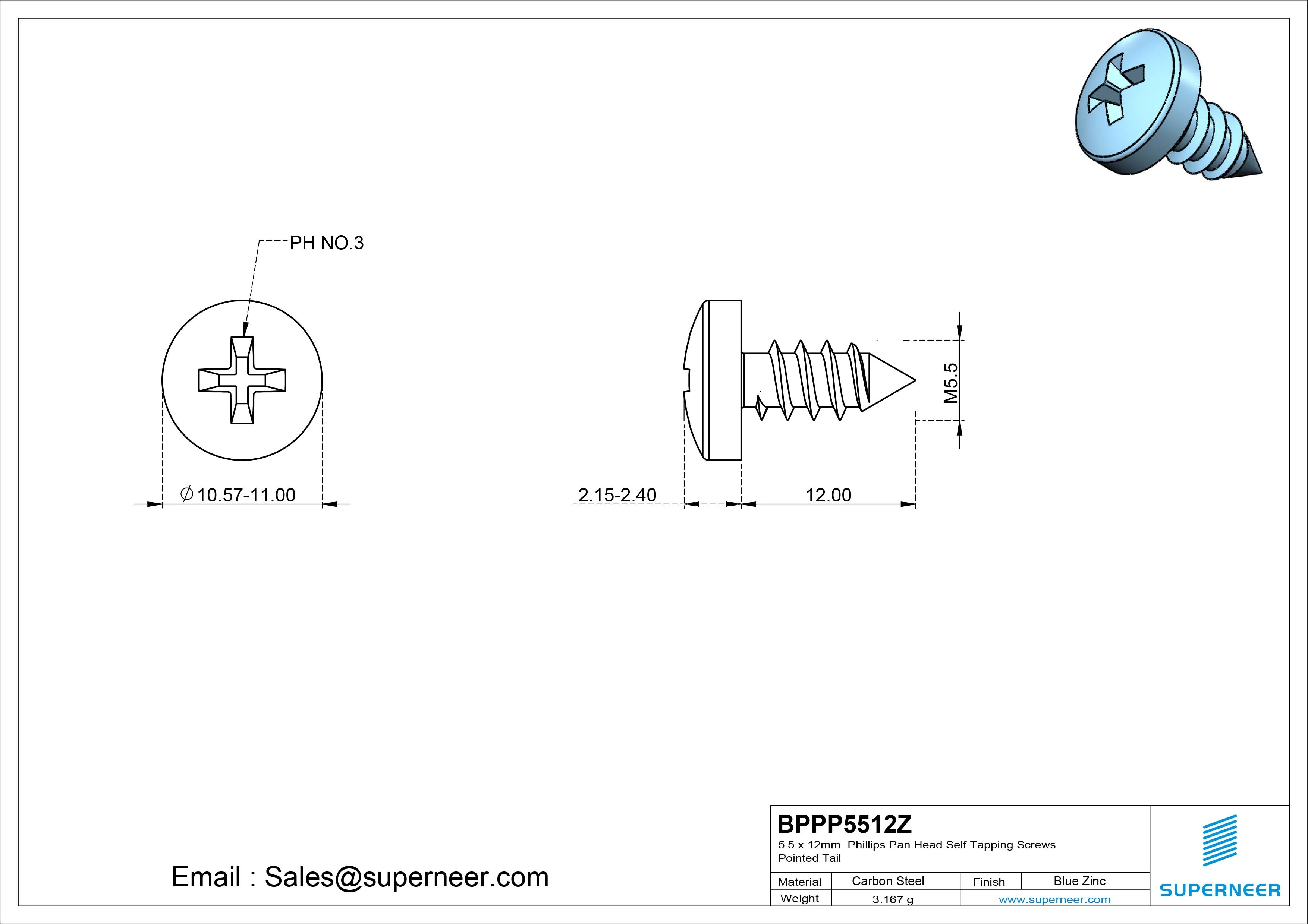 5.5 x 12mm Phillips Pan Head Self Tapping Screws Pointed Tail Steel Blue Zinc Plated