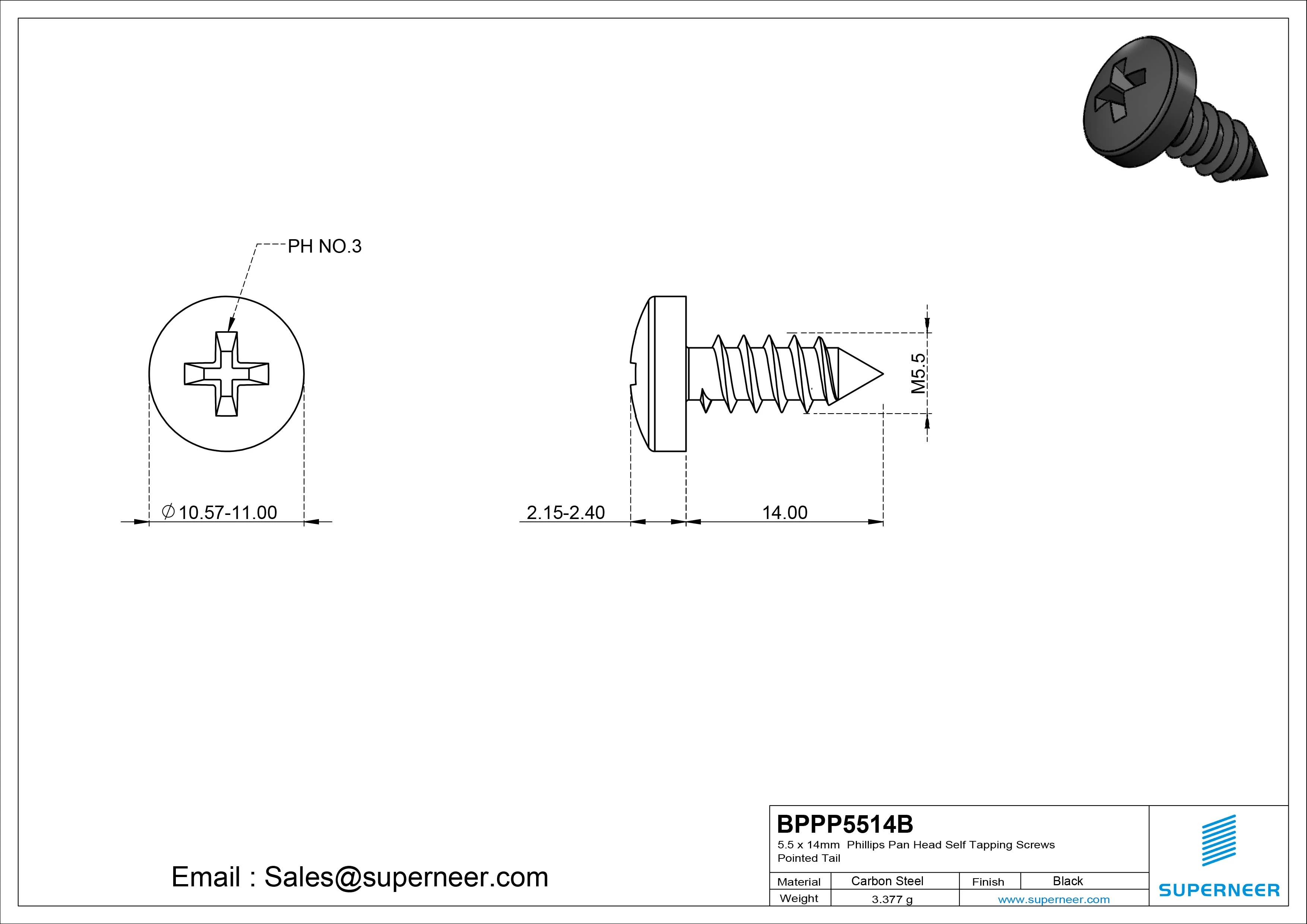 5.5 x 12mm Phillips Pan Head Self Tapping Screws Pointed Tail Steel Black Zinc Plated