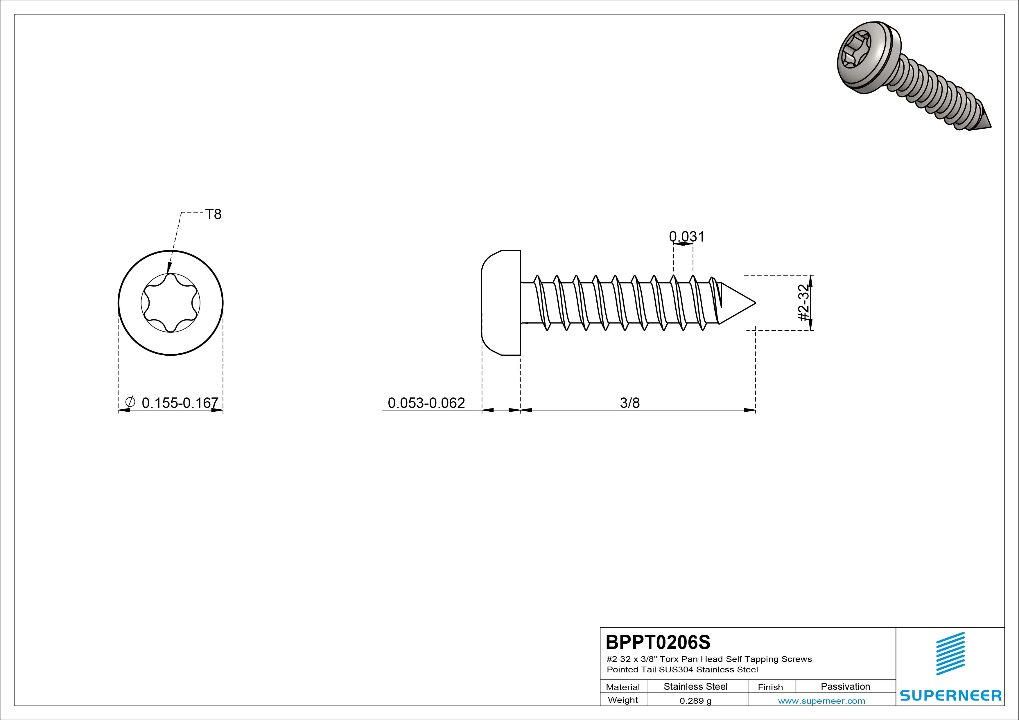 #2-32 x 3/8" Torx Pan Head Self Tapping Screws Pointed Tail SUS304 Stainless Steel
