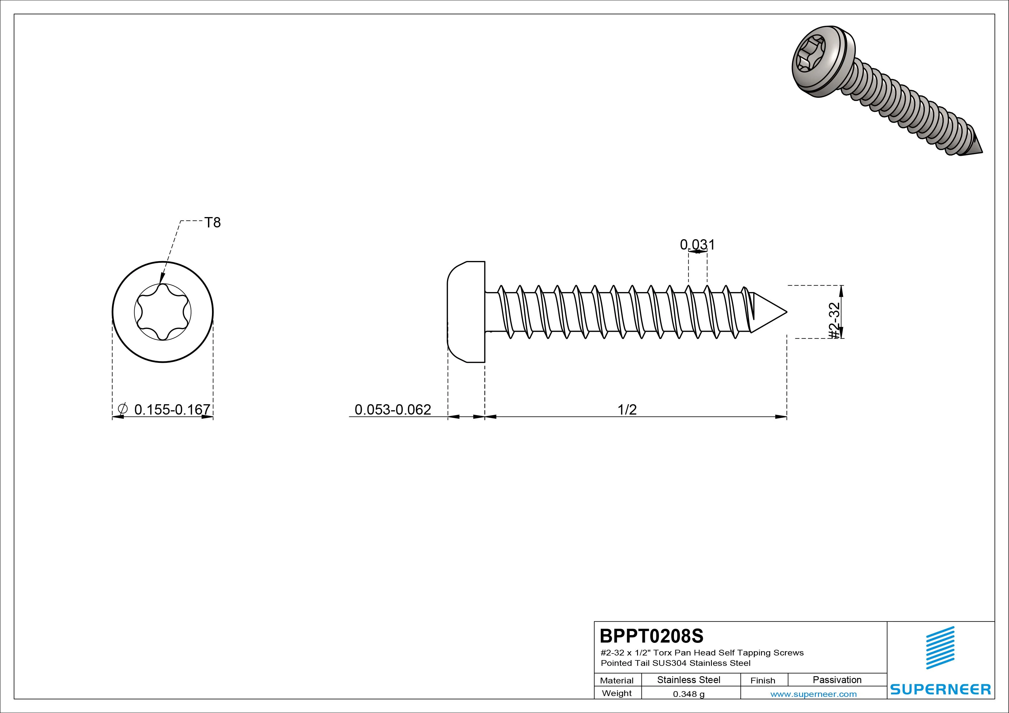 #2-32 x 1/2" Torx Pan Head Self Tapping Screws Pointed Tail SUS304 Stainless Steel
