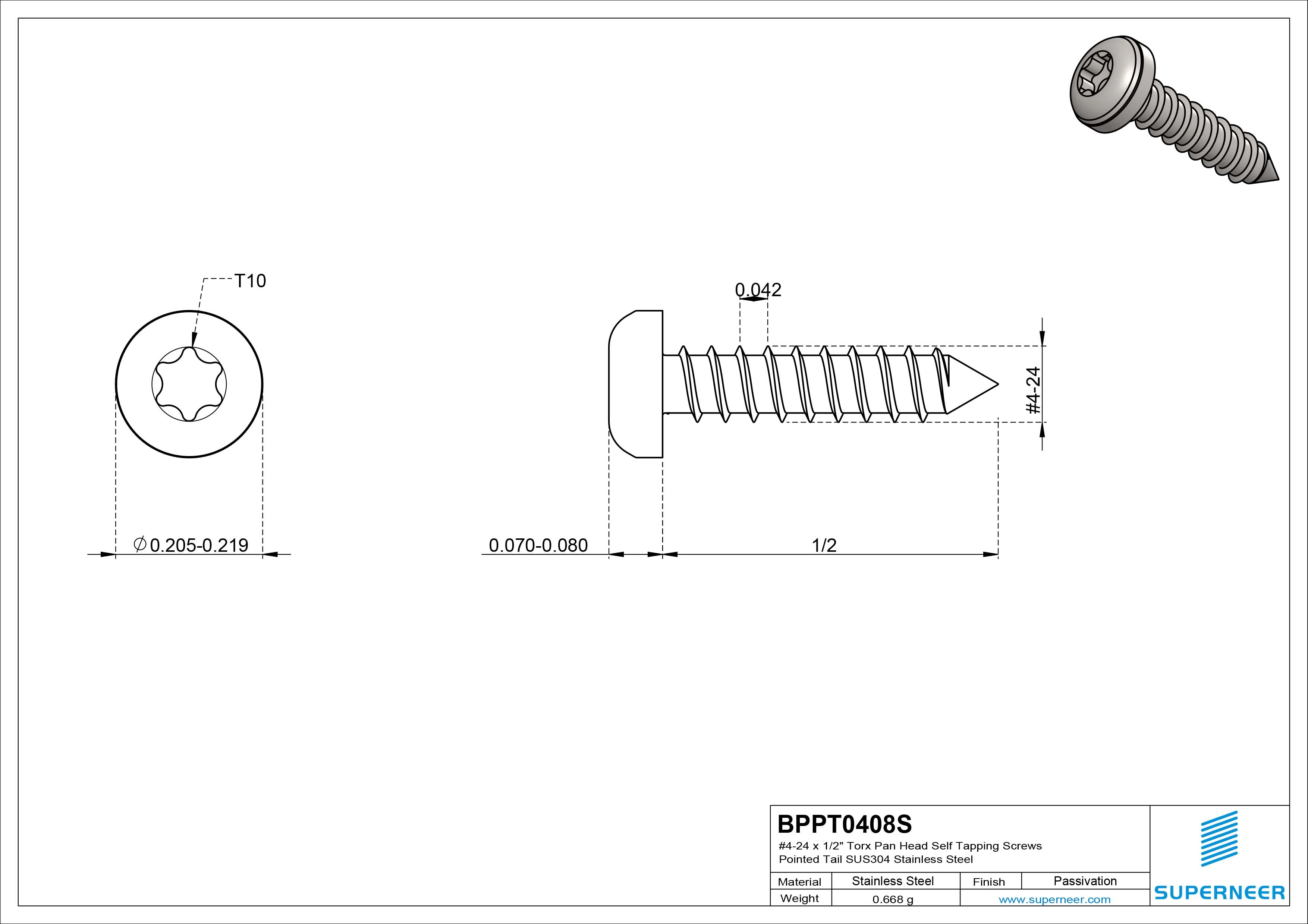 #4-24 x 1/2" Torx Pan Head Self Tapping Screws Pointed Tail SUS304 Stainless Steel