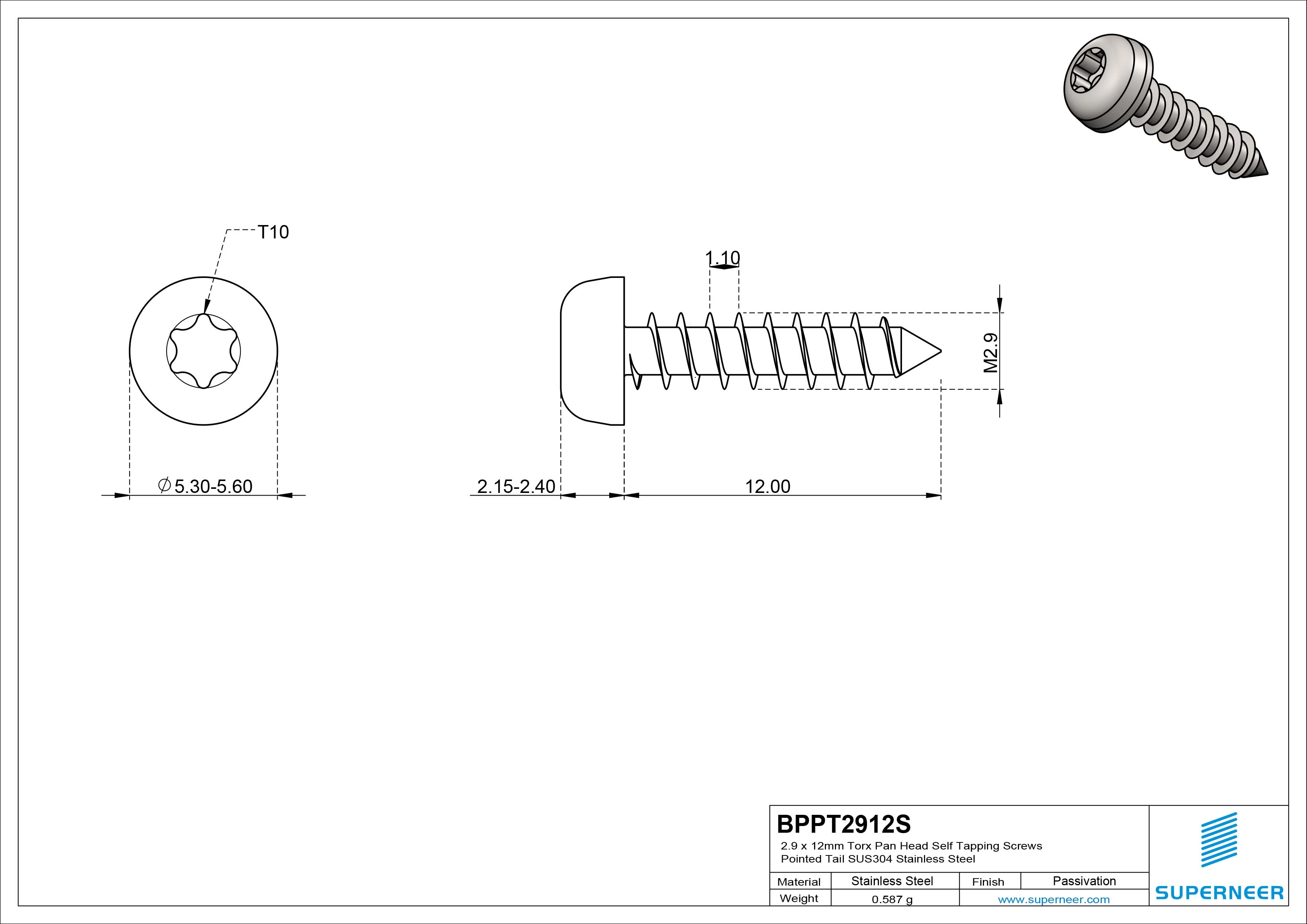 2.9 x 12mm Torx Pan Head Self Tapping Screws Pointed Tail SUS304 Stainless Steel