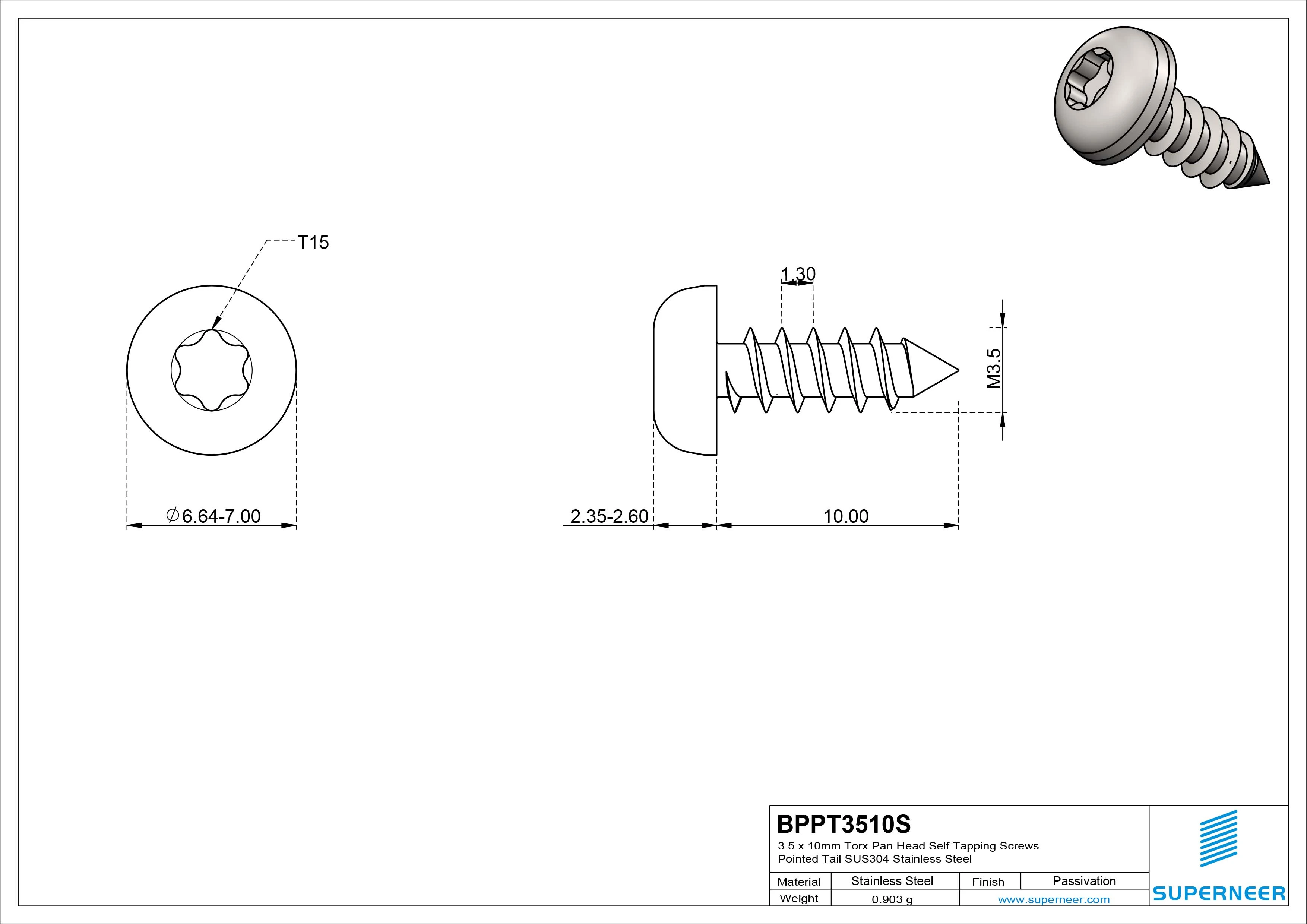 3.5 x 10mm Torx Pan Head Self Tapping Screws Pointed Tail SUS304 Stainless Steel