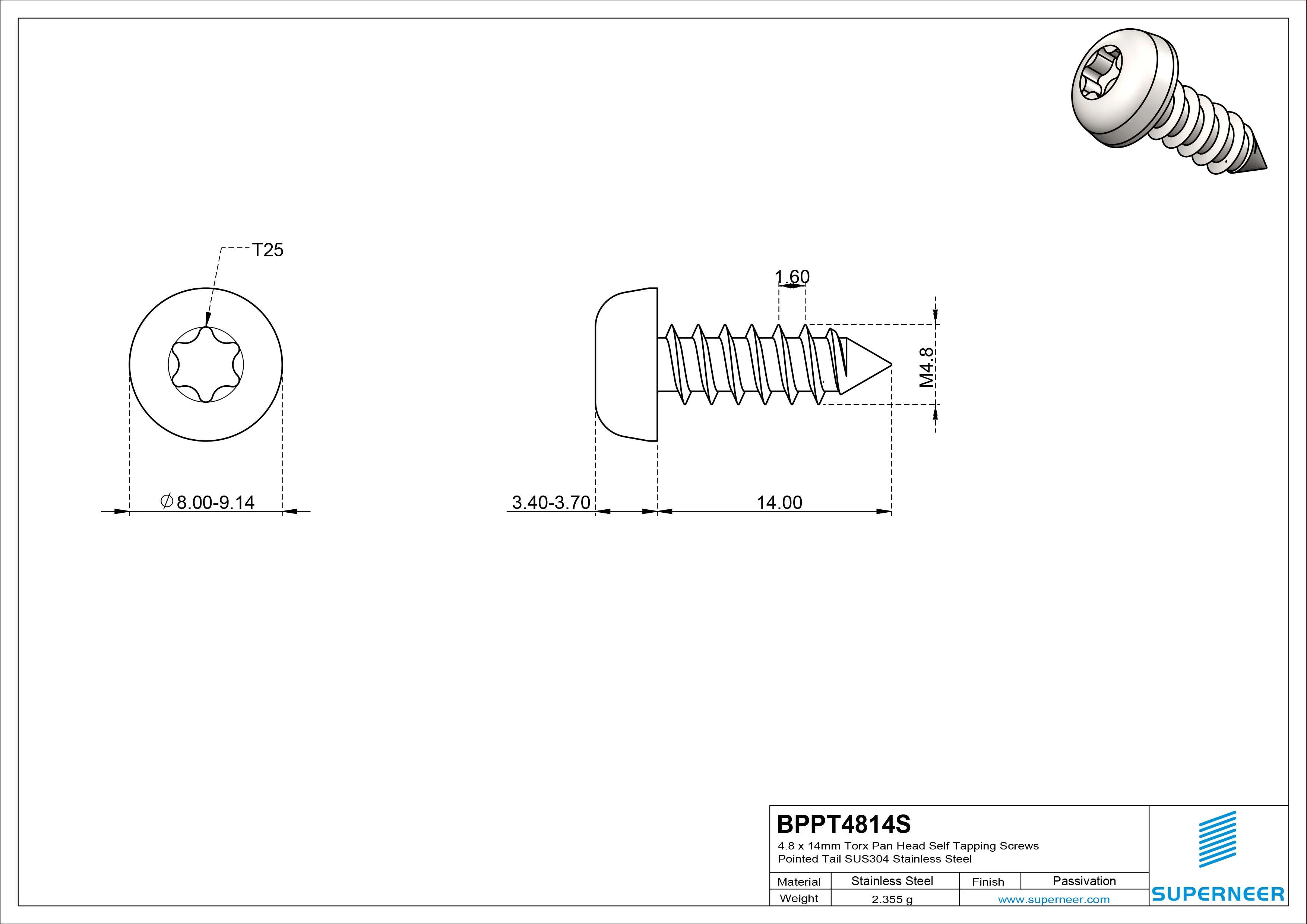 4.9 x 14mm Torx Pan Head Self Tapping Screws Pointed Tail SUS304 Stainless Steel