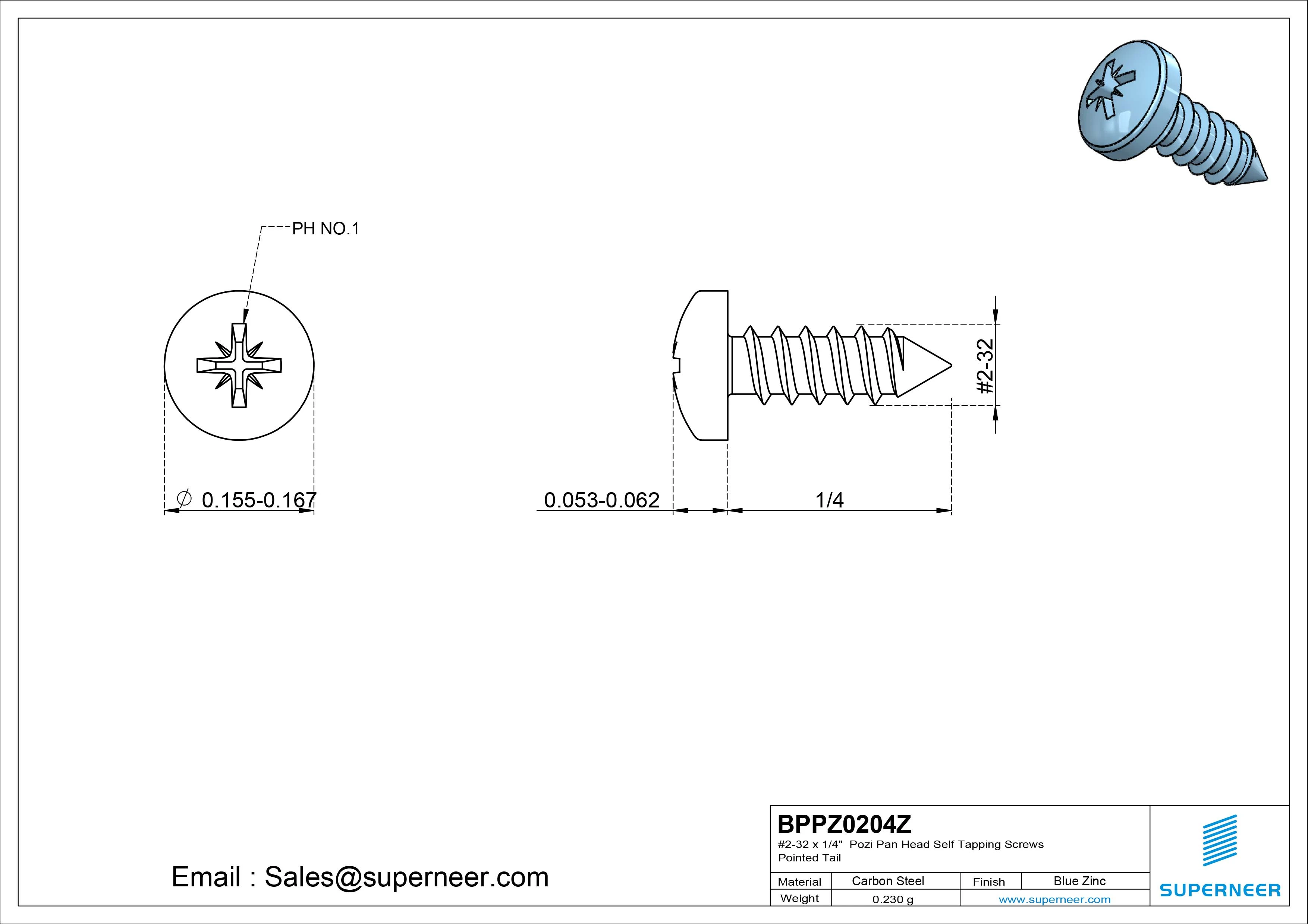 #2-32 x 1/4" Pozi Pan Head Self Tapping Screws Pointed Tail Steel Blue Zinc Plated
