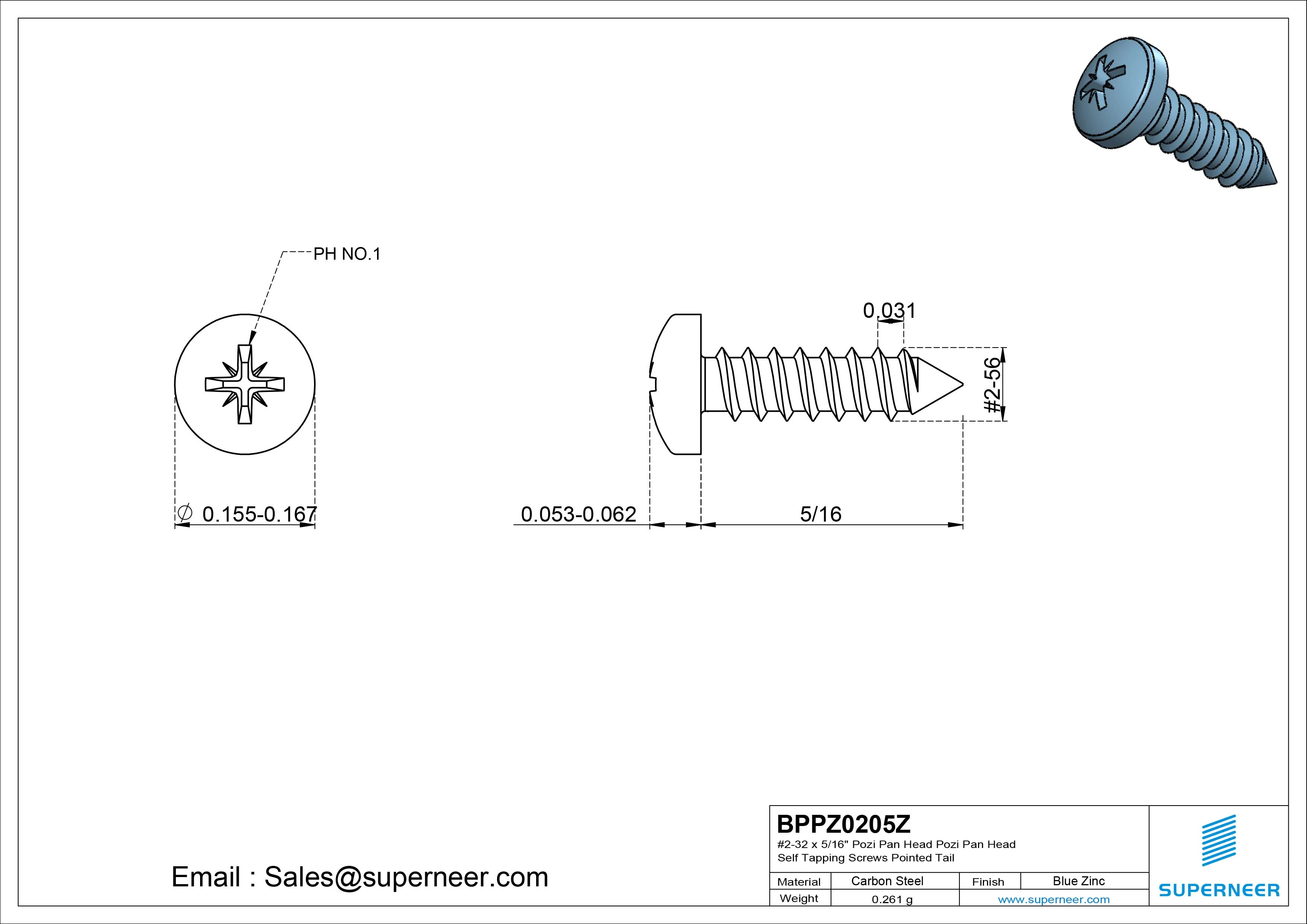 #2-32 x 5/16" Pozi Pan Head Self Tapping Screws Pointed Tail Steel Blue Zinc Plated