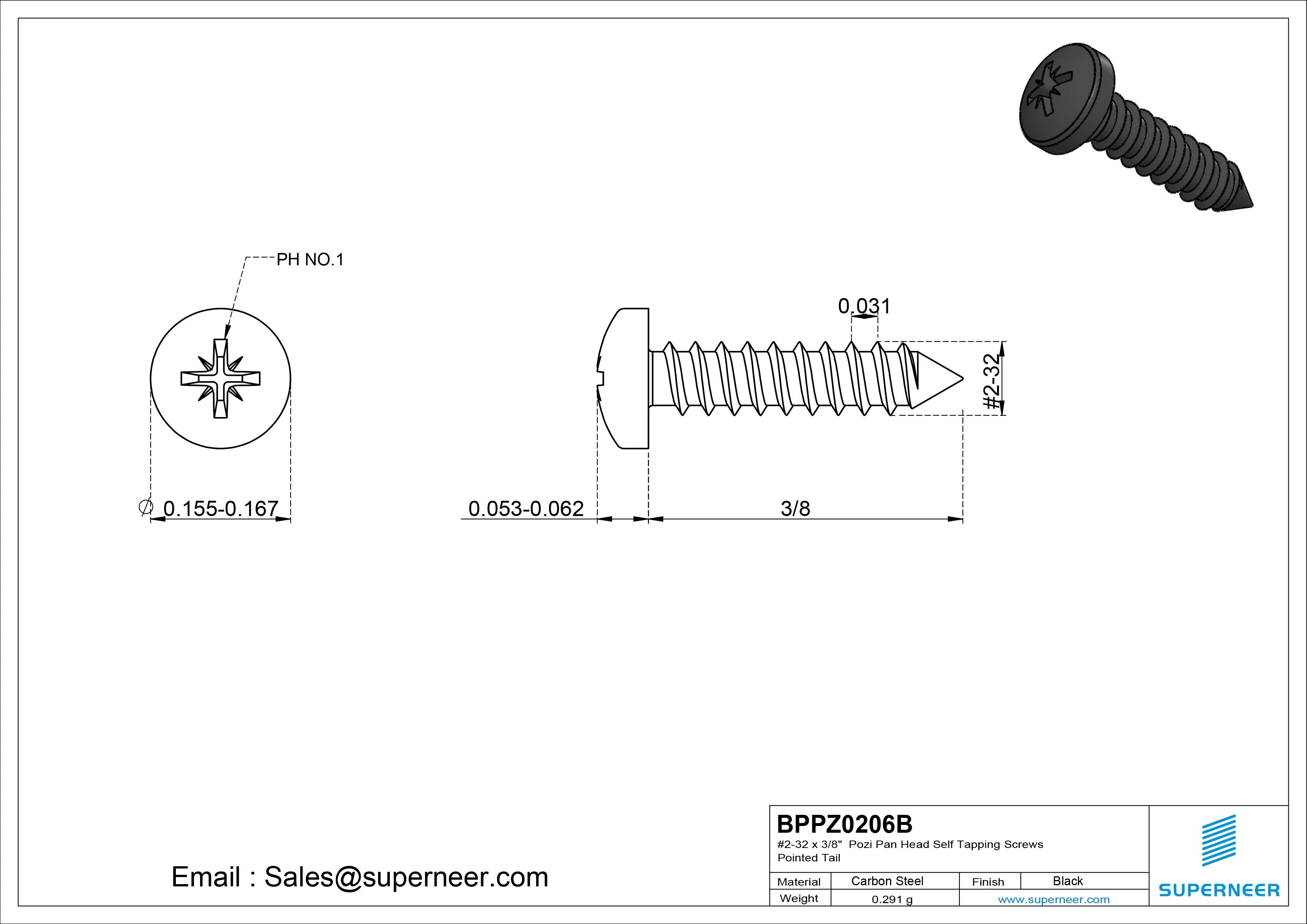 #2-32 x 3/8" Pozi Pan Head Self Tapping Screws Pointed Tail Steel Black Zinc Plated