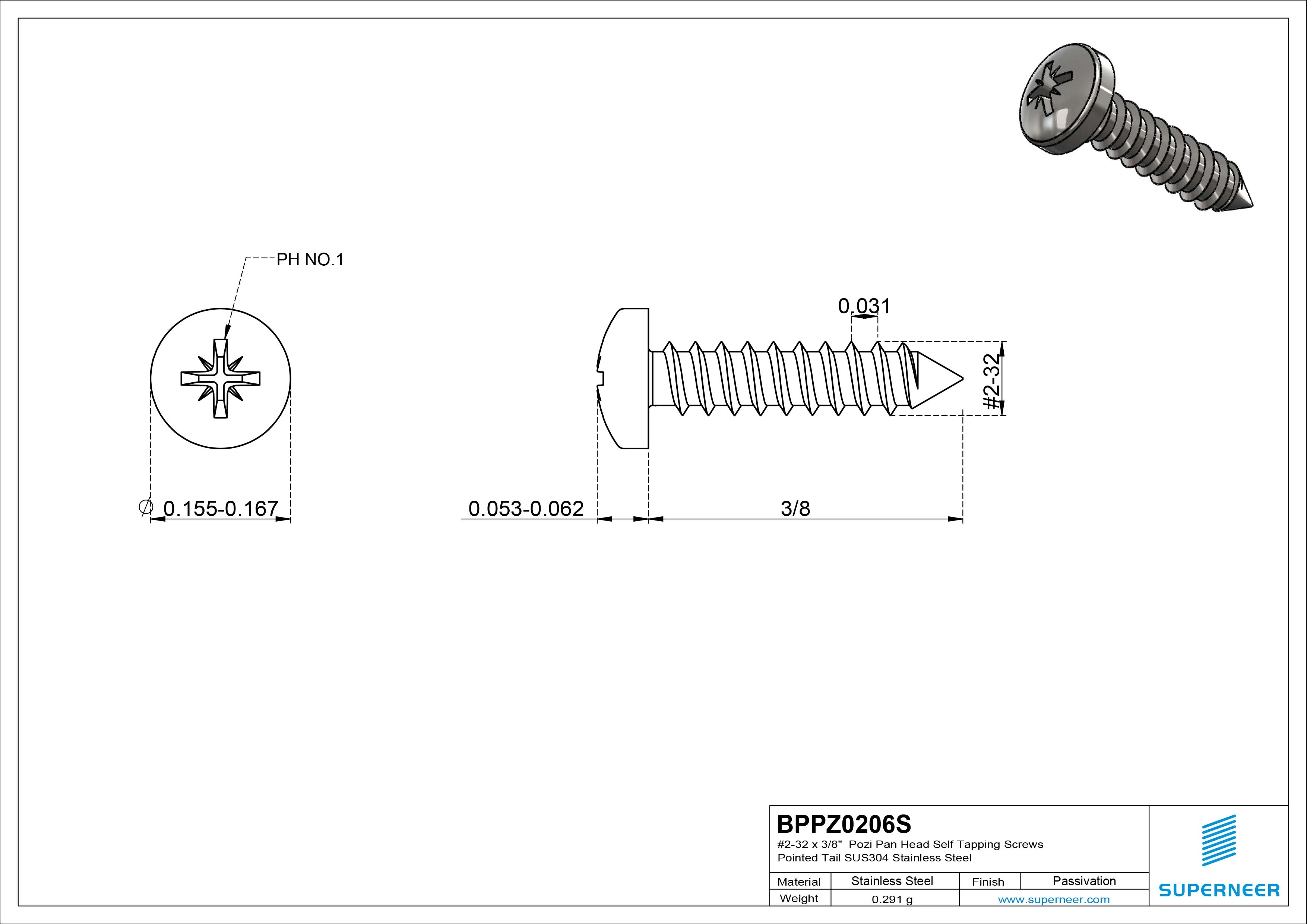 #2-32 x 3/8" Pozi Pan Head Self Tapping Screws Pointed Tail SUS304 Stainless Steel