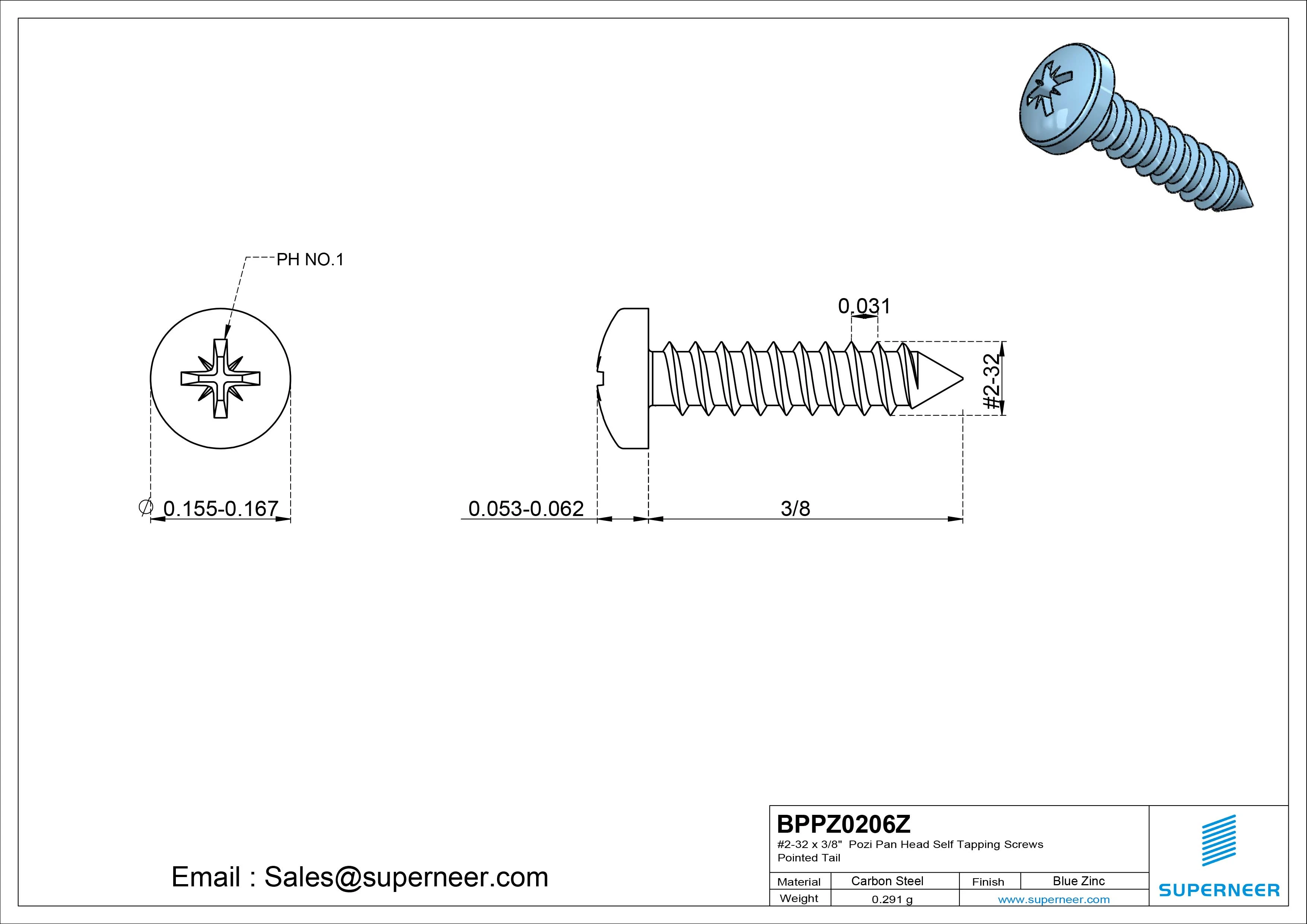 #2-32 x 3/8" Pozi Pan Head Self Tapping Screws Pointed Tail Steel Blue Zinc Plated