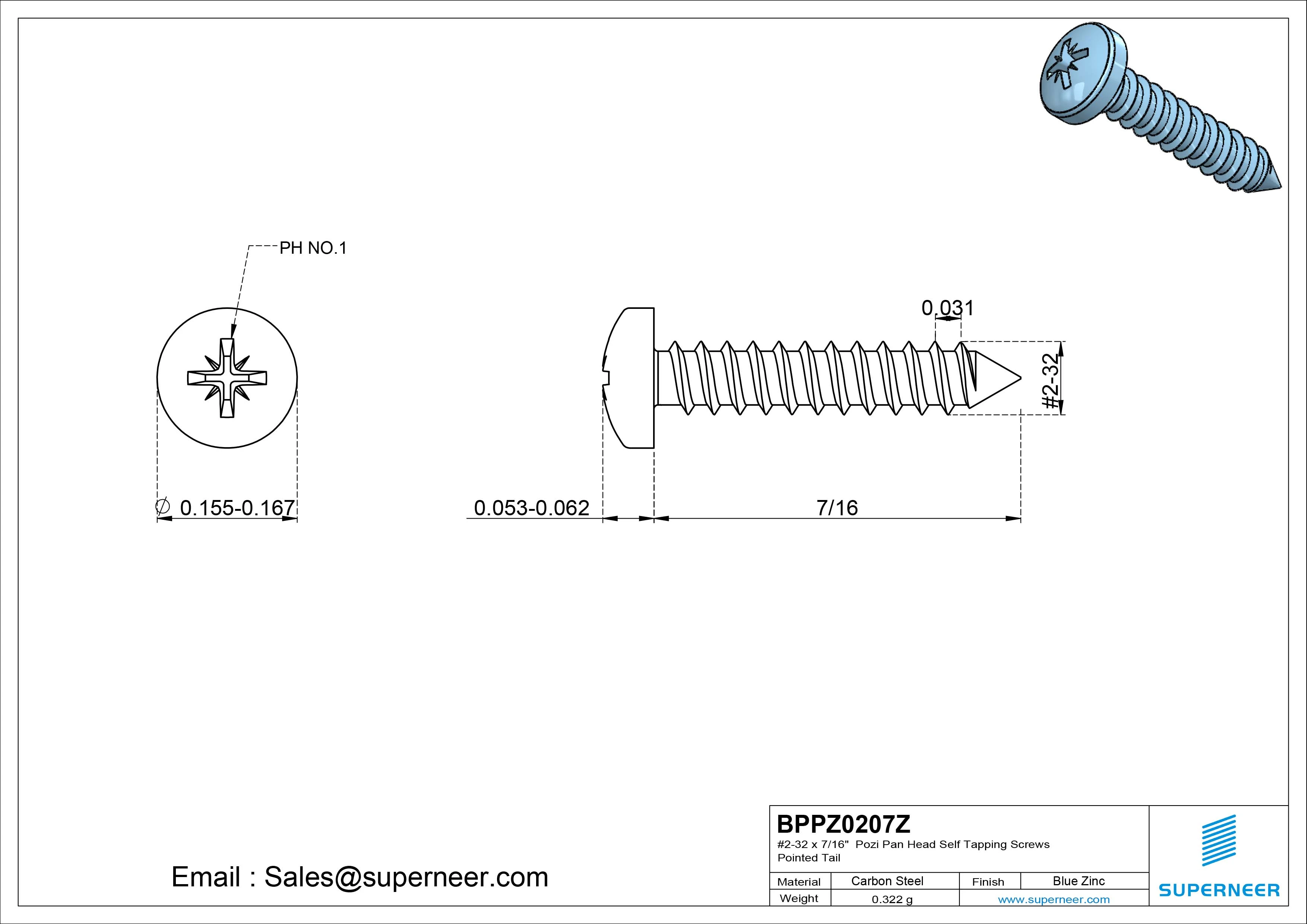 #2-32 x 7/16" Pozi Pan Head Self Tapping Screws Pointed Tail Steel Blue Zinc Plated