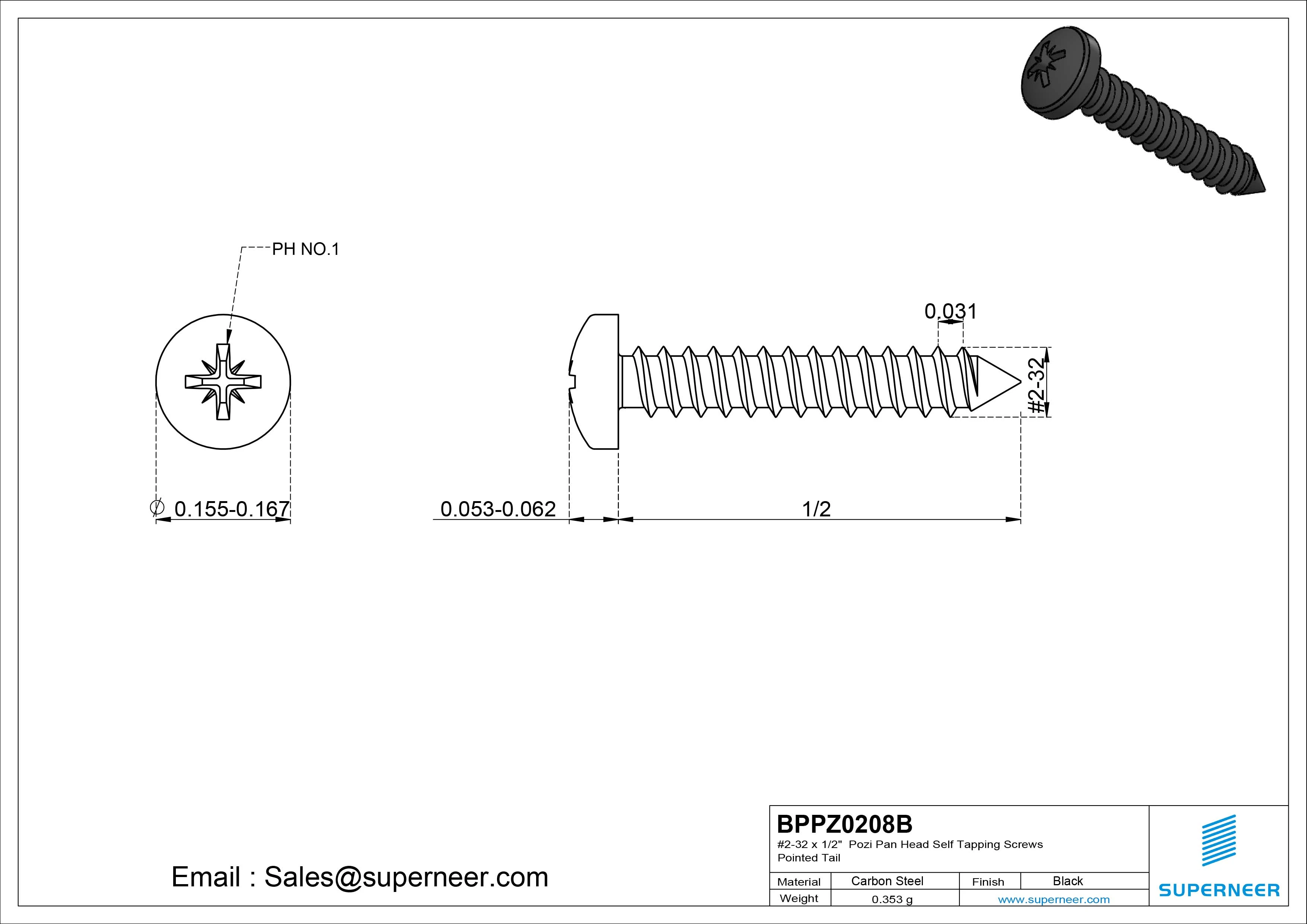 #2-32 x 1/2" Pozi Pan Head Self Tapping Screws Pointed Tail Steel Black Zinc Plated