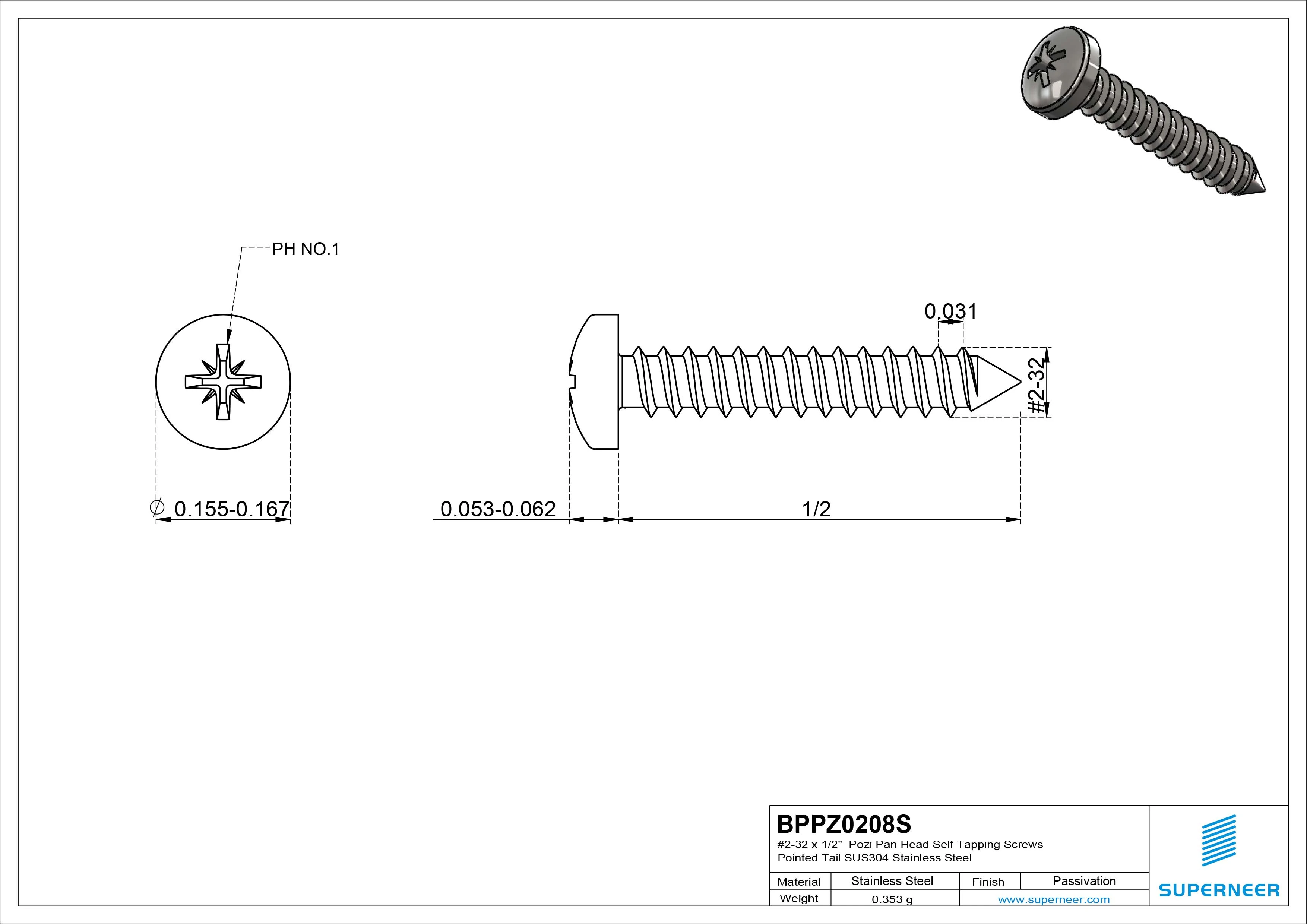 #2-32 x 1/2" Pozi Pan Head Self Tapping Screws Pointed Tail SUS304 Stainless Steel