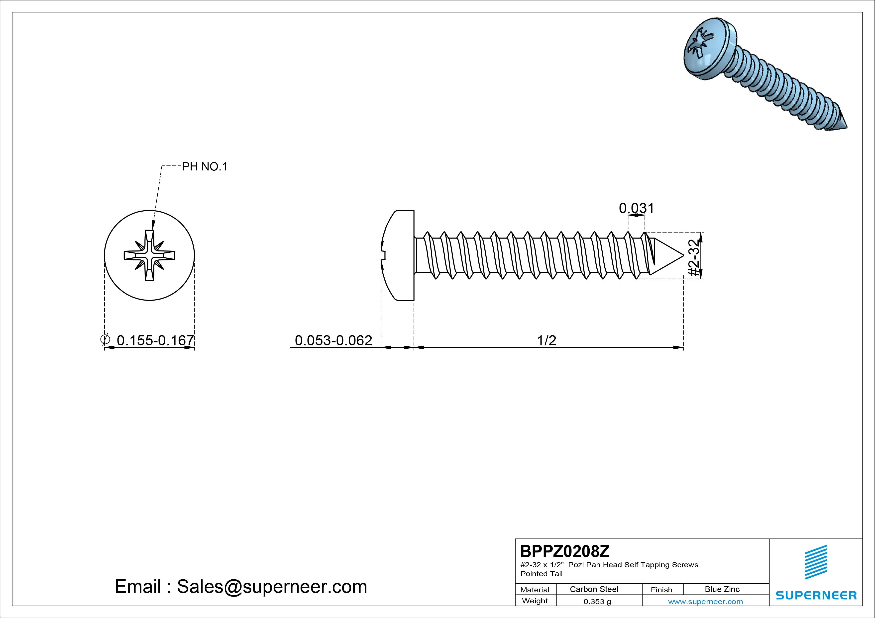 #2-32 x 1/2" Pozi Pan Head Self Tapping Screws Pointed Tail Steel Blue Zinc Plated