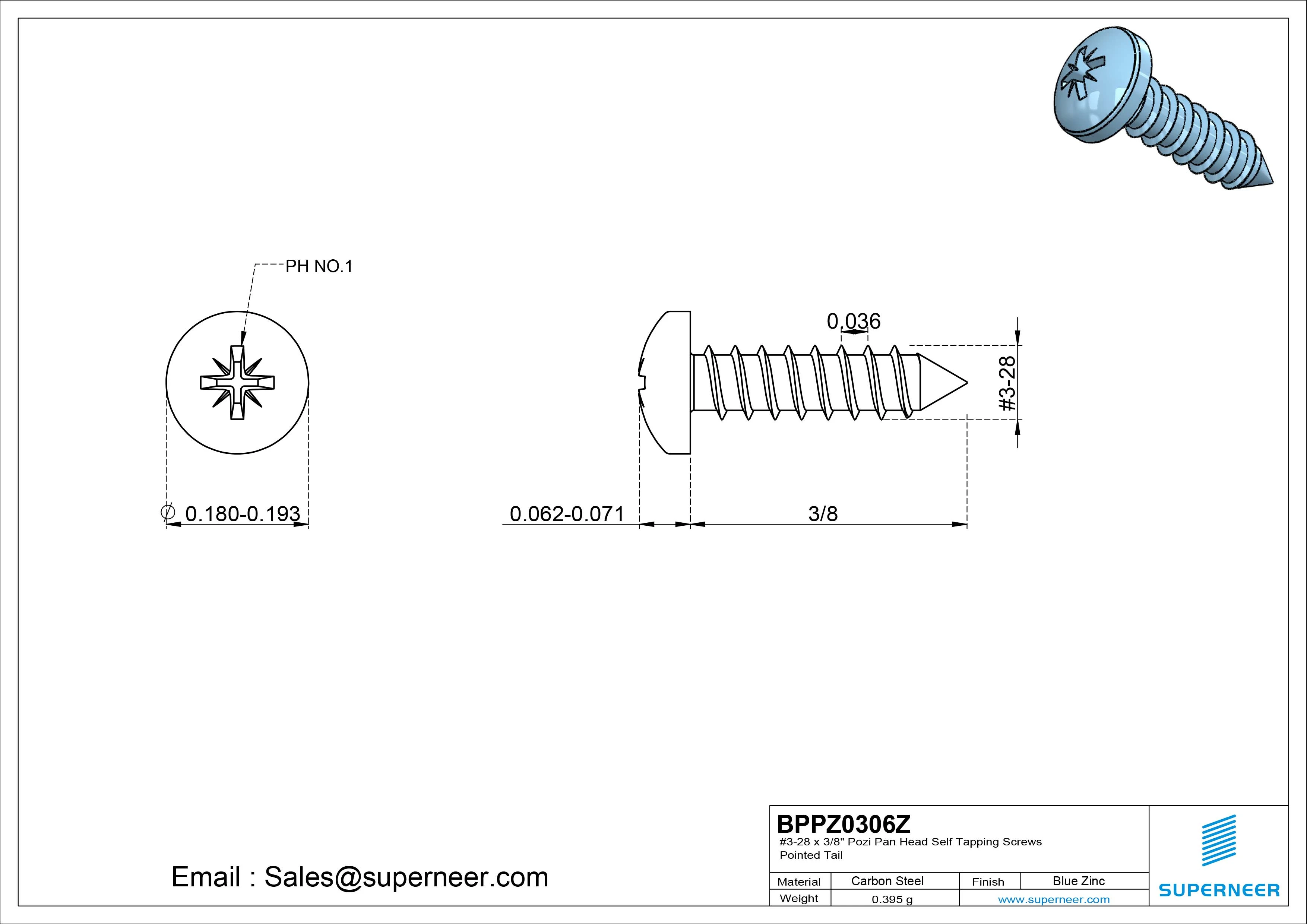 #3-28 x 3/8" Pozi Pan Head Self Tapping Screws Pointed Tail Steel Blue Zinc Plated