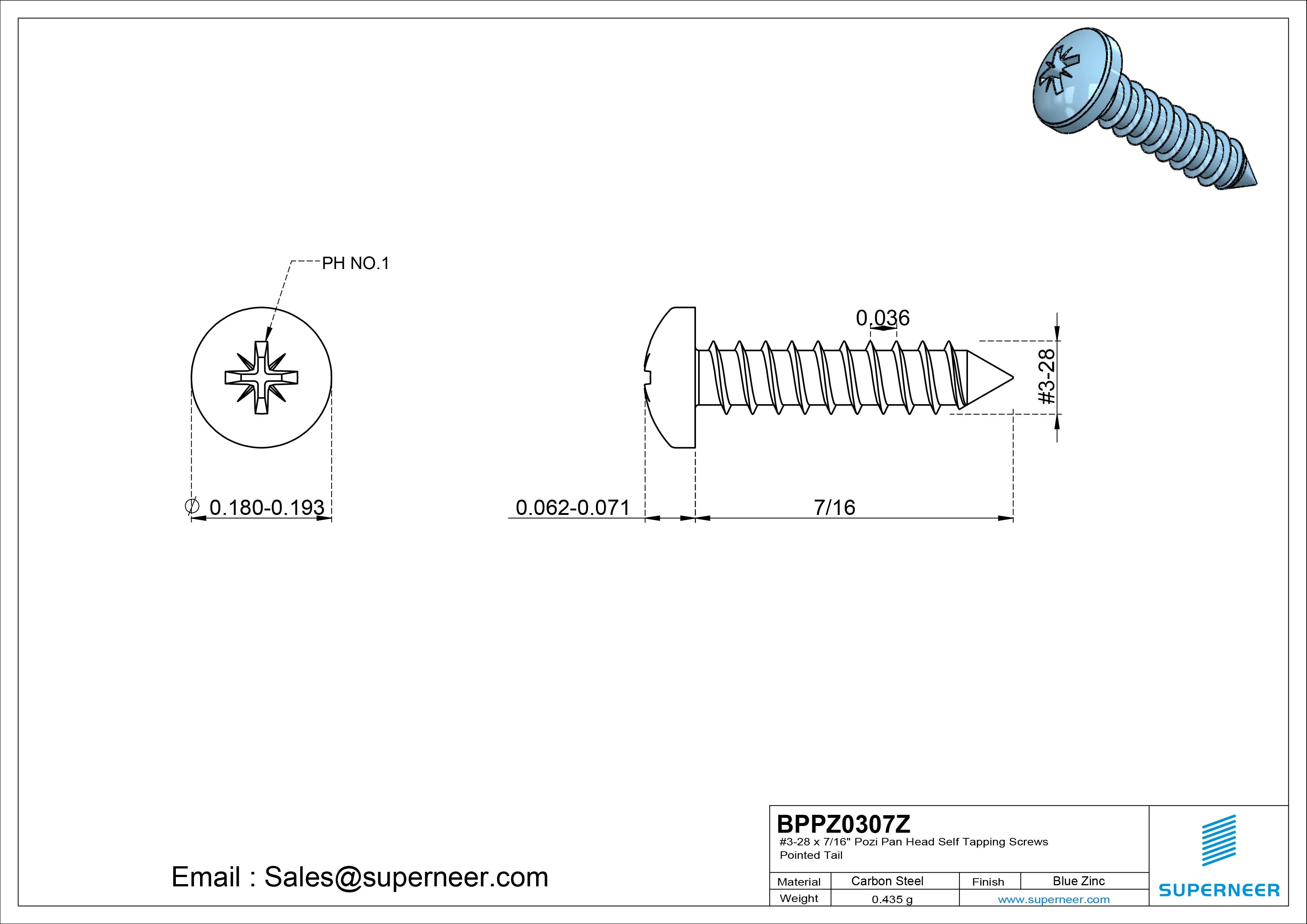 #3-28 x 7/16" Pozi Pan Head Self Tapping Screws Pointed Tail Steel Blue Zinc Plated