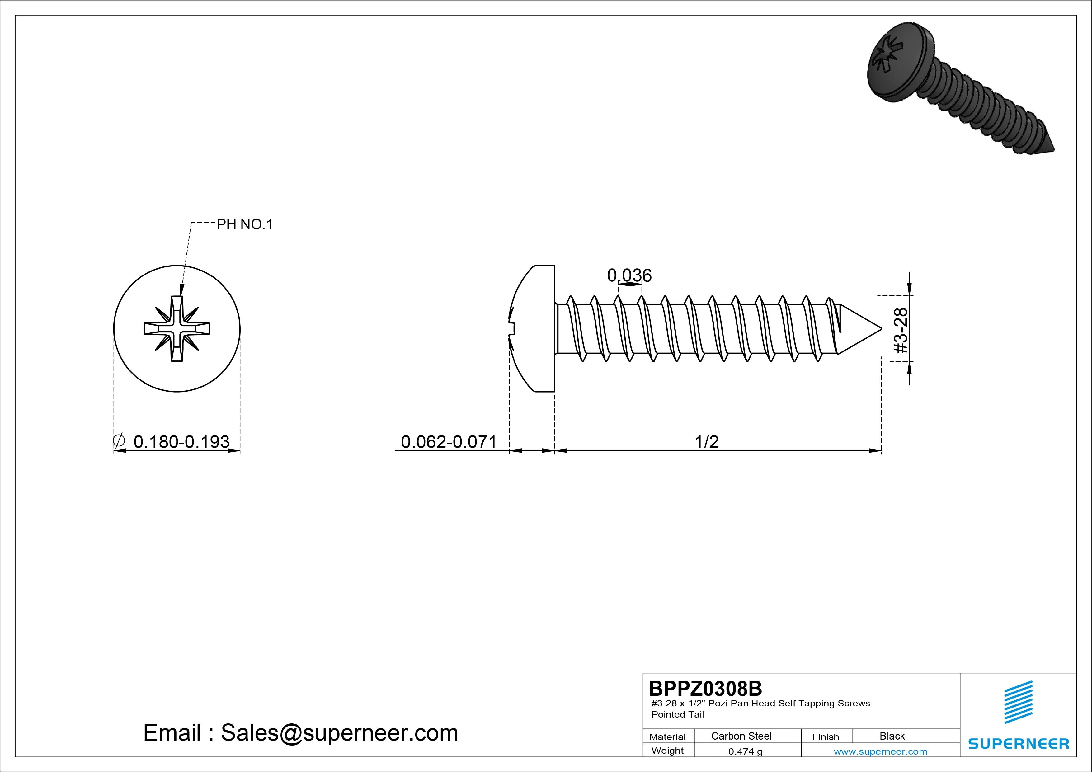 #3-28 x 1/2" Pozi Pan Head Self Tapping Screws Pointed Tail Steel Black Zinc Plated