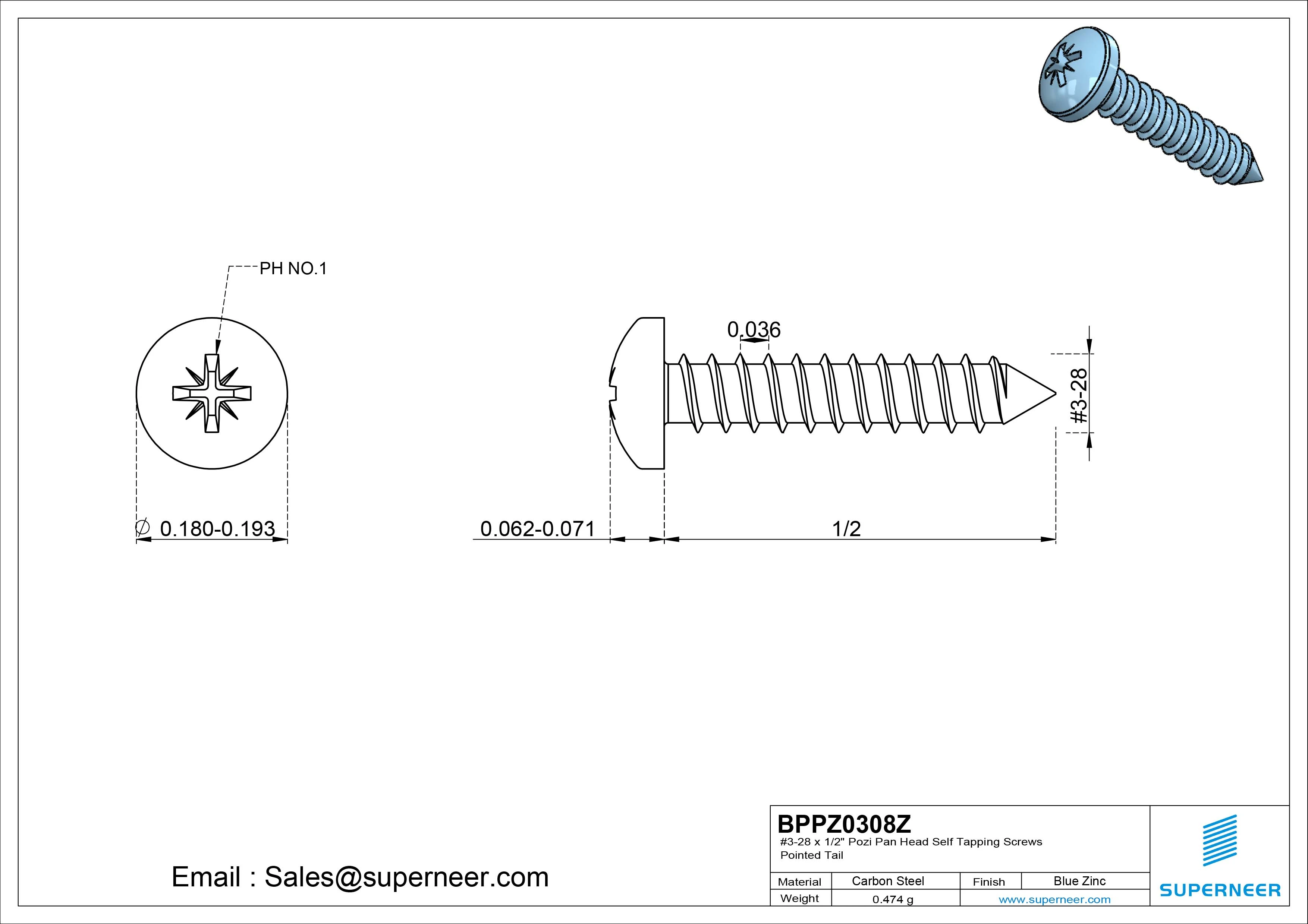 #3-28 x 1/2" Pozi Pan Head Self Tapping Screws Pointed Tail Steel Blue Zinc Plated