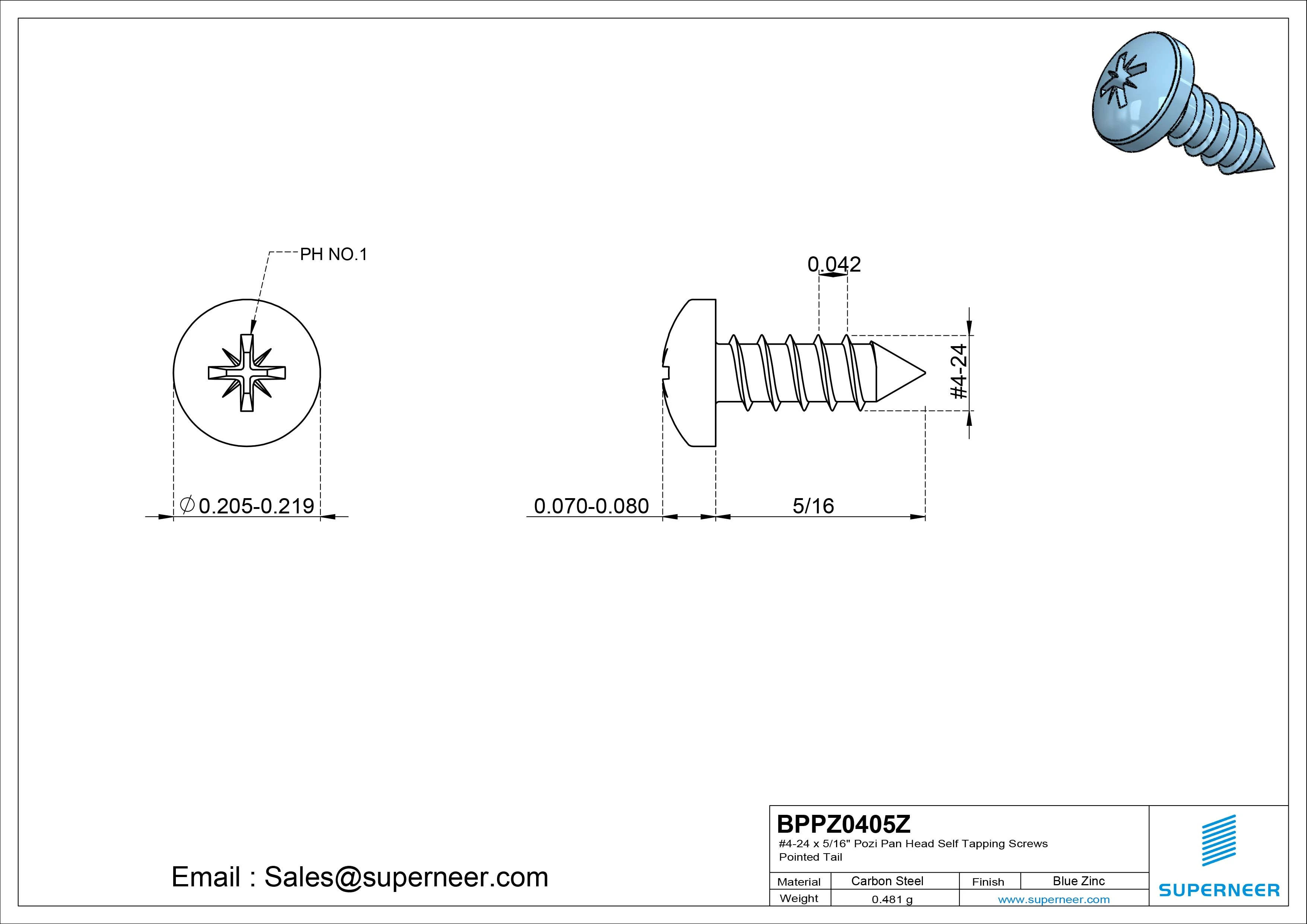 #4-24 x 5/16" Pozi Pan Head Self Tapping Screws Pointed Tail Steel Blue Zinc Plated