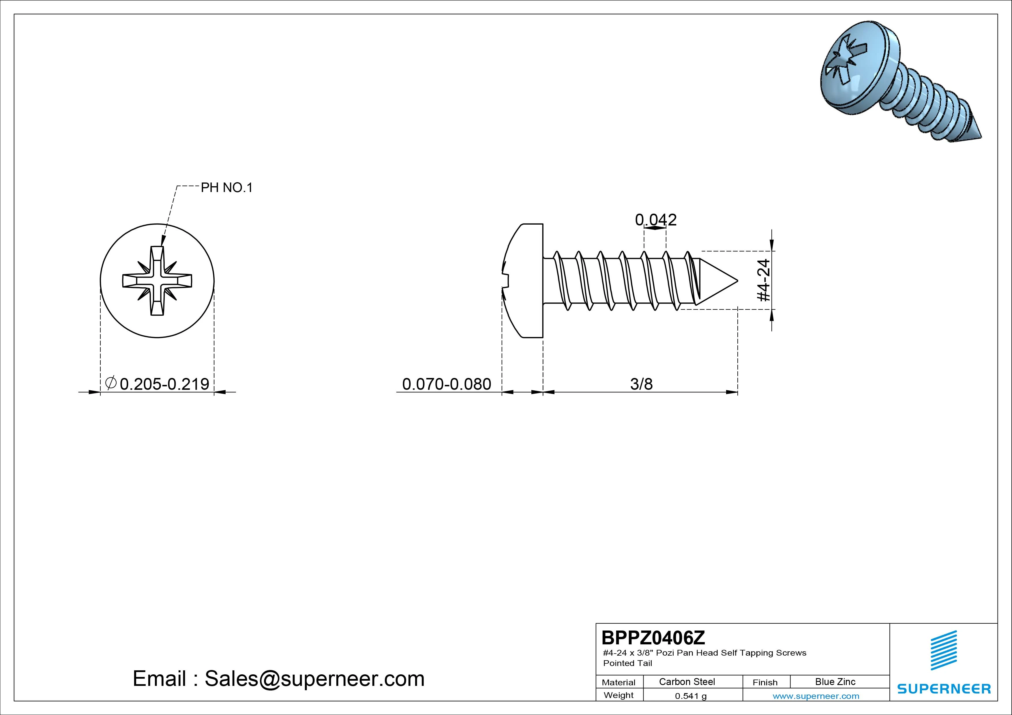 #4-24 x 3/8" Pozi Pan Head Self Tapping Screws Pointed Tail Steel Blue Zinc Plated