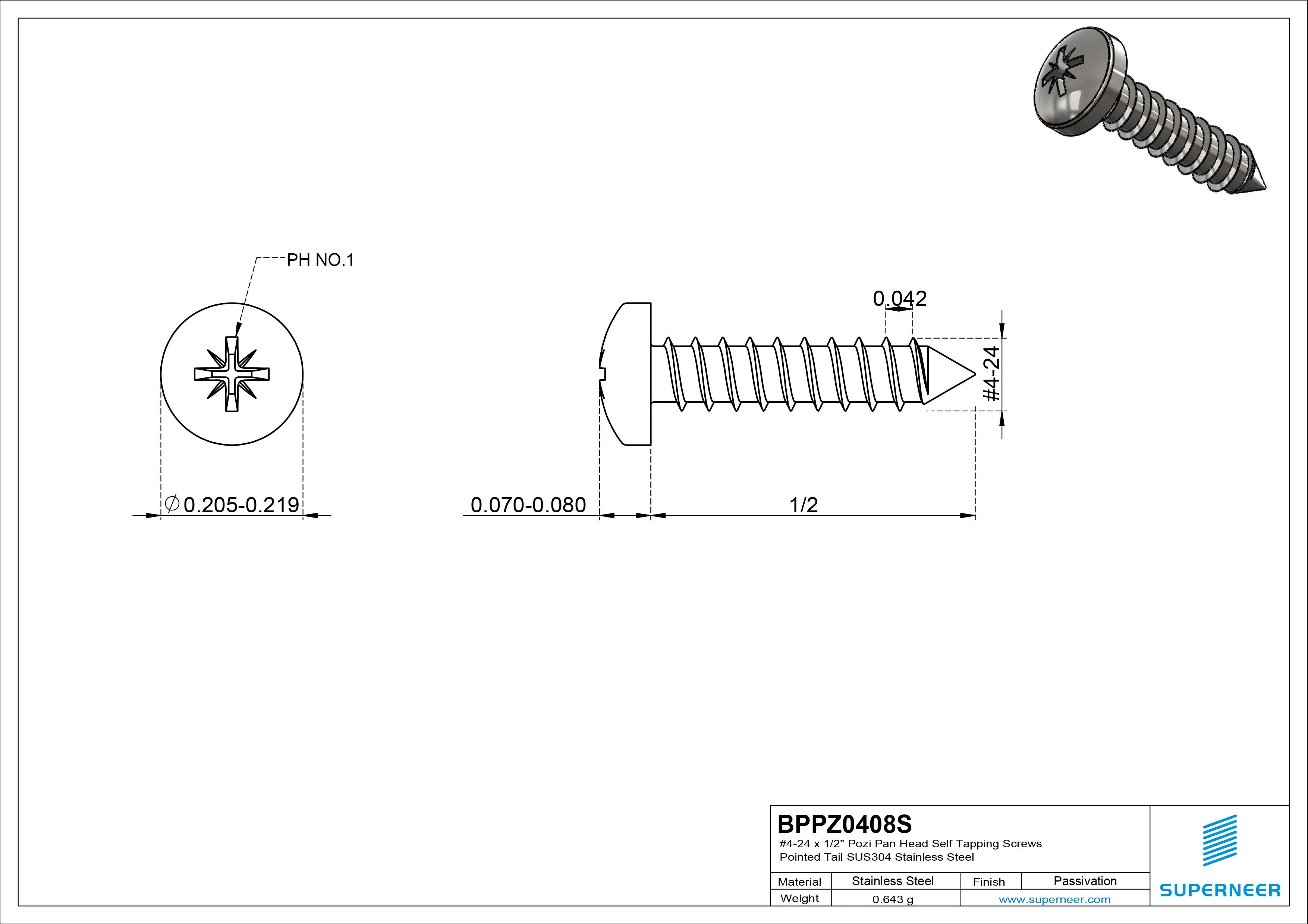 #4-24 x 1/2" Pozi Pan Head Self Tapping Screws Pointed Tail SUS304 Stainless Steel