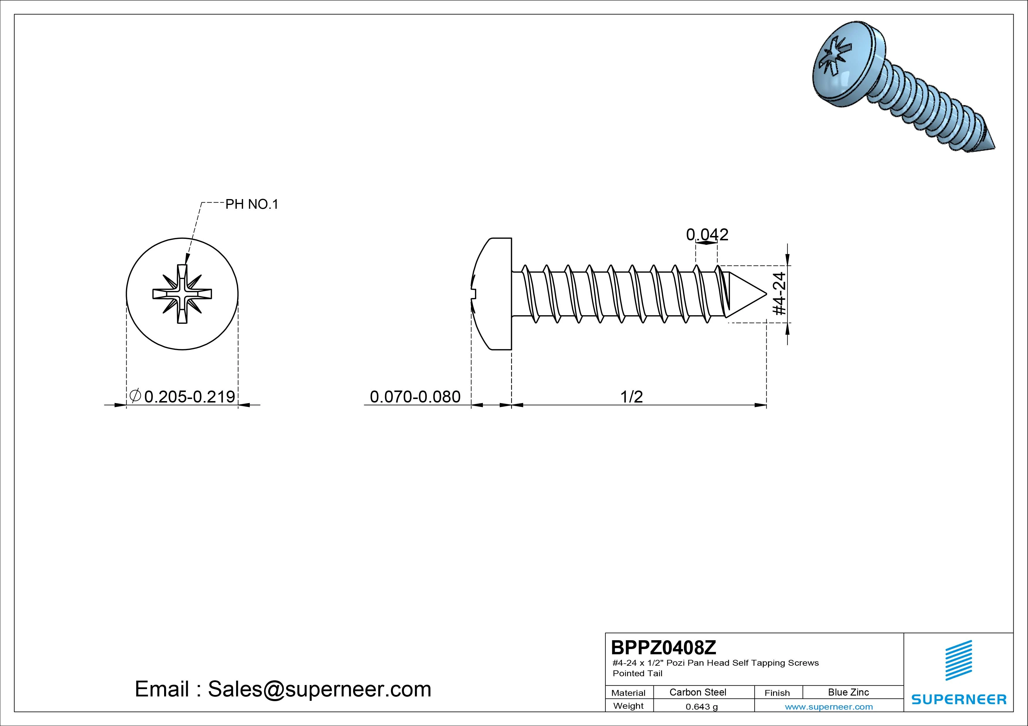 #4-24 x 1/2" Pozi Pan Head Self Tapping Screws Pointed Tail Steel Blue Zinc Plated