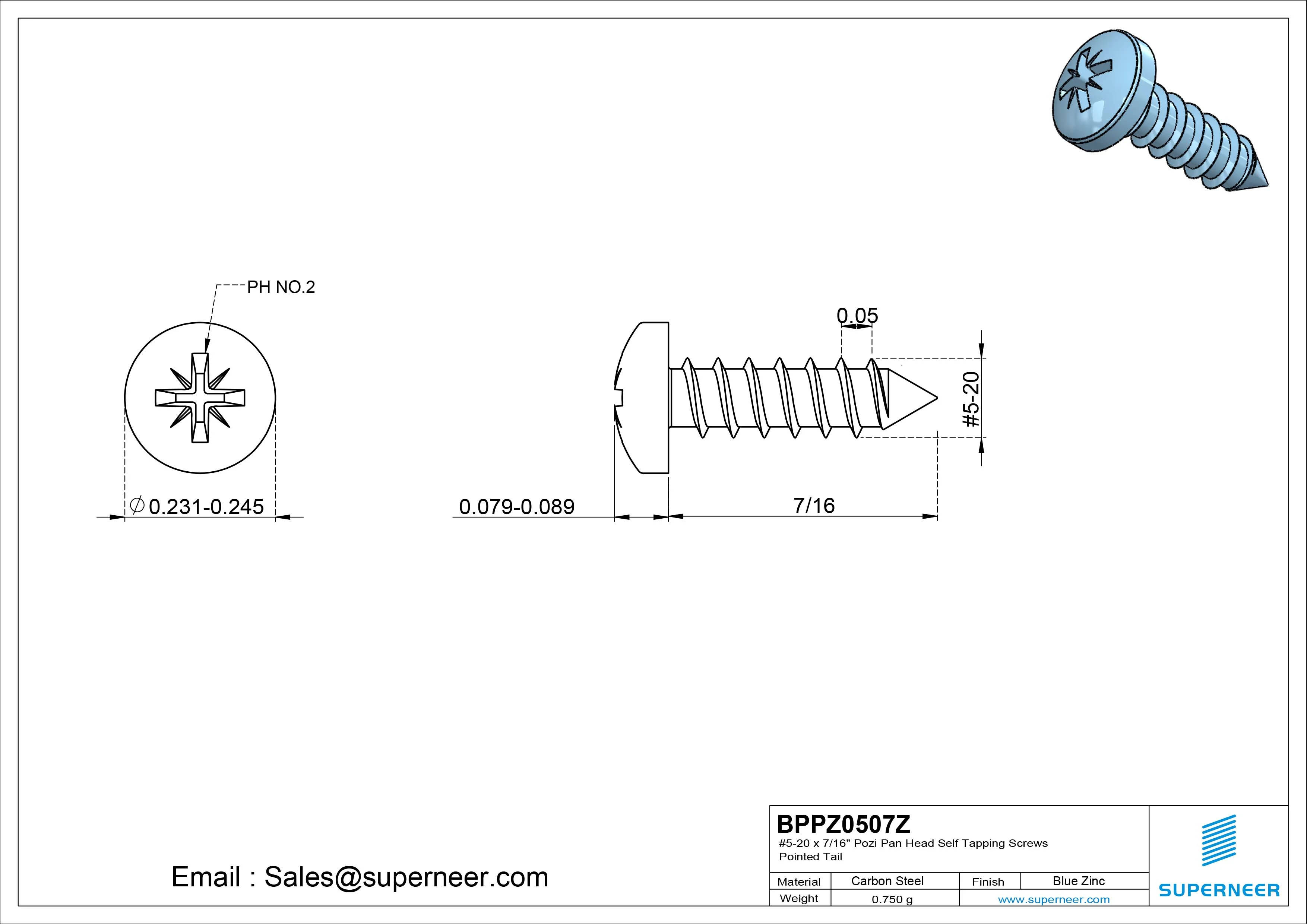 #5-20 x 7/16" Pozi Pan Head Self Tapping Screws Pointed Tail Steel Blue Zinc Plated