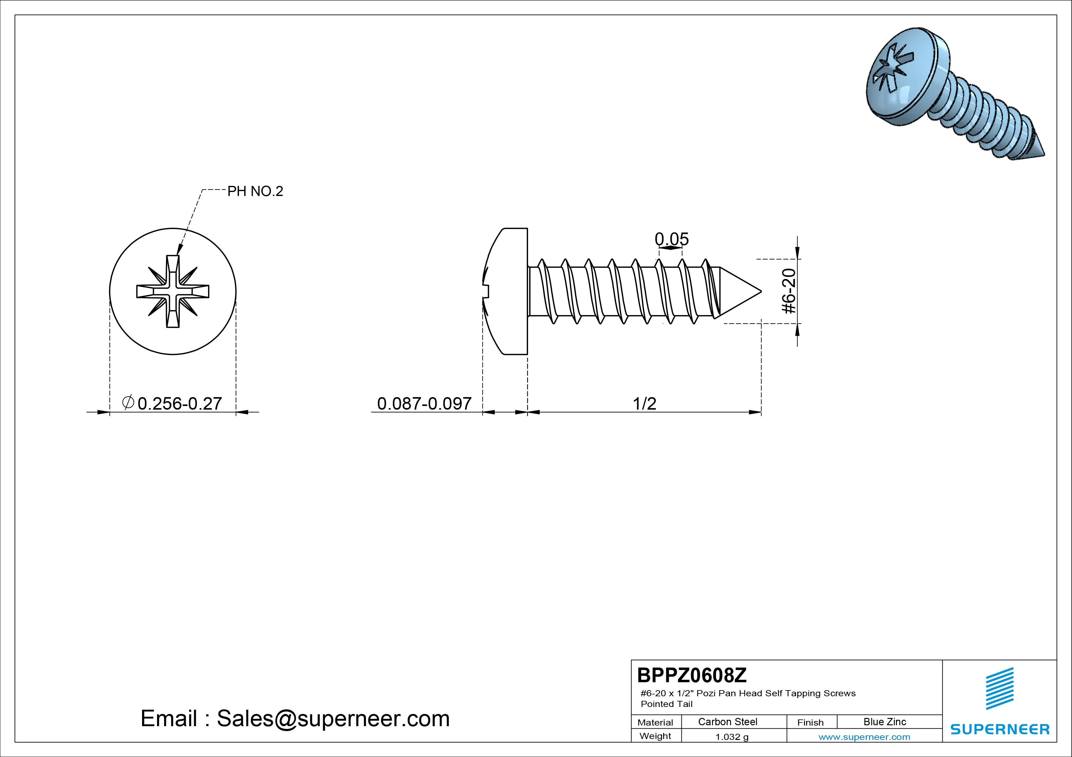 #6-20 x 1/2" Pozi Pan Head Self Tapping Screws Pointed Tail Steel Blue Zinc Plated